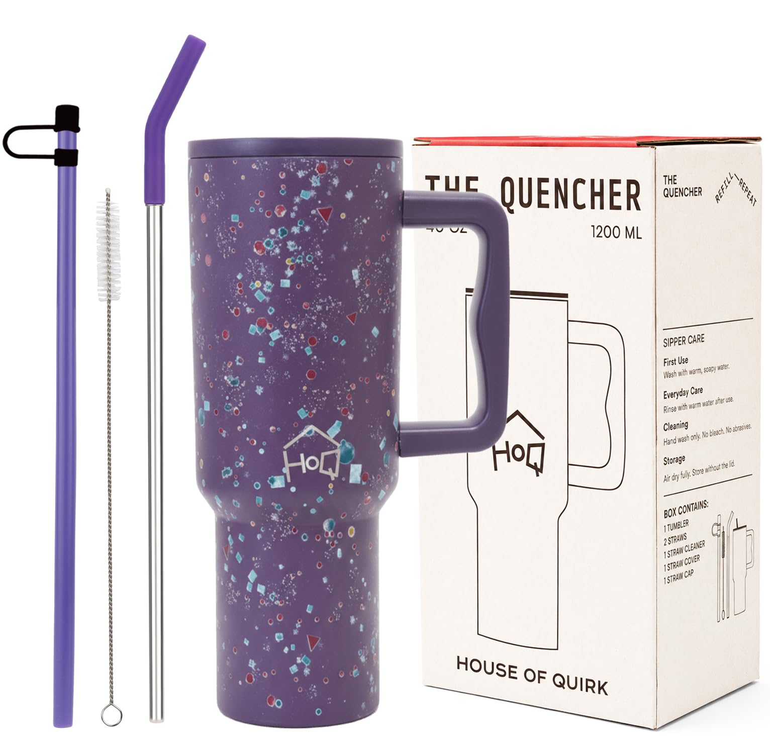 House of Quirk 1200ML Stainless Steel Tumbler with Handle & Lid, 2 Straws – Large Travel Mug Water Cup for Gym, Office & Outdoor Use (Plum Terrazzo)