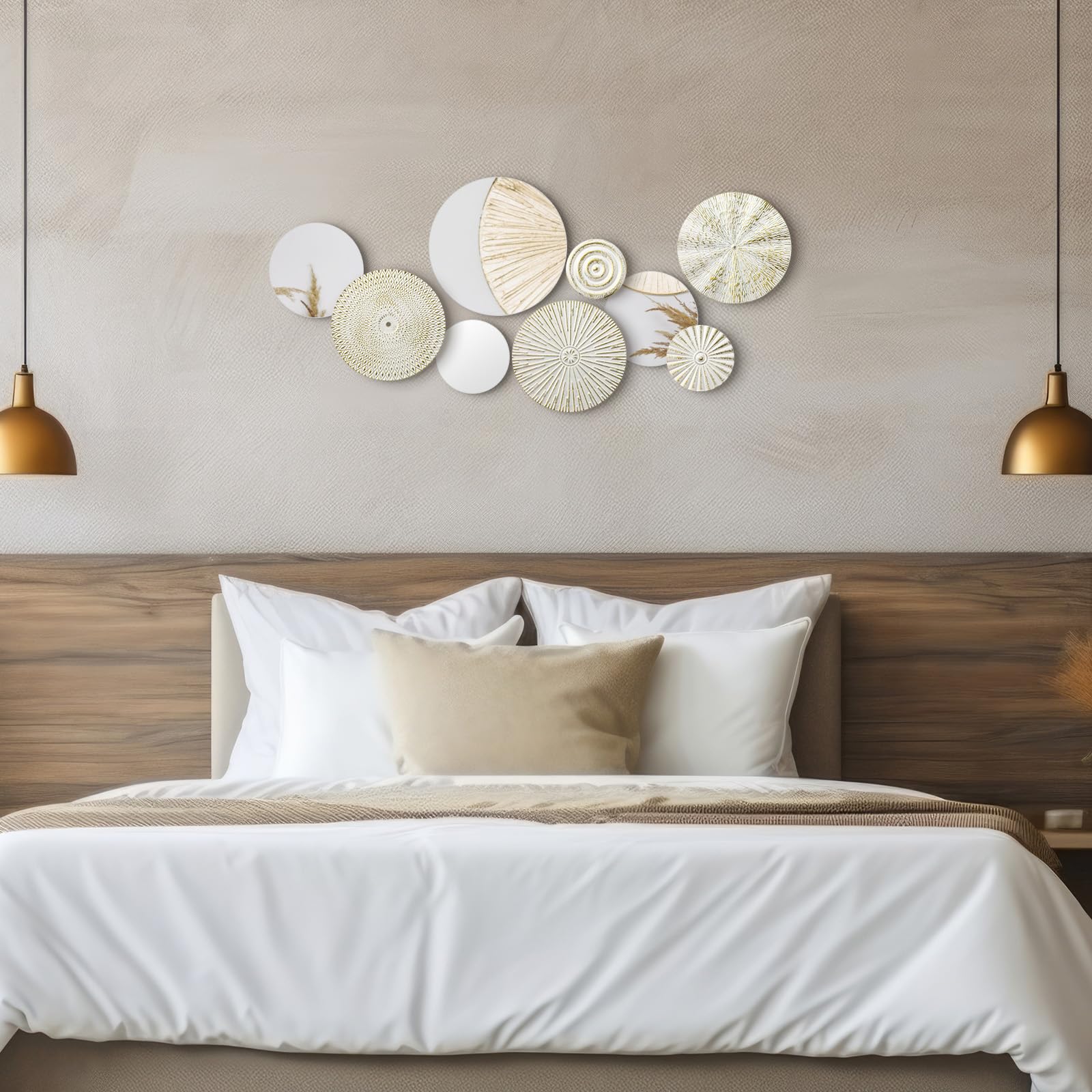 Blulu Lot de 9 miroirs décoratifs muraux en métal - Plaques Rondes et Modernes - Grande Sculpture Murale pour Salon, Bureau, Chambre, Cuisine, Couloir (Blanc, doré)
