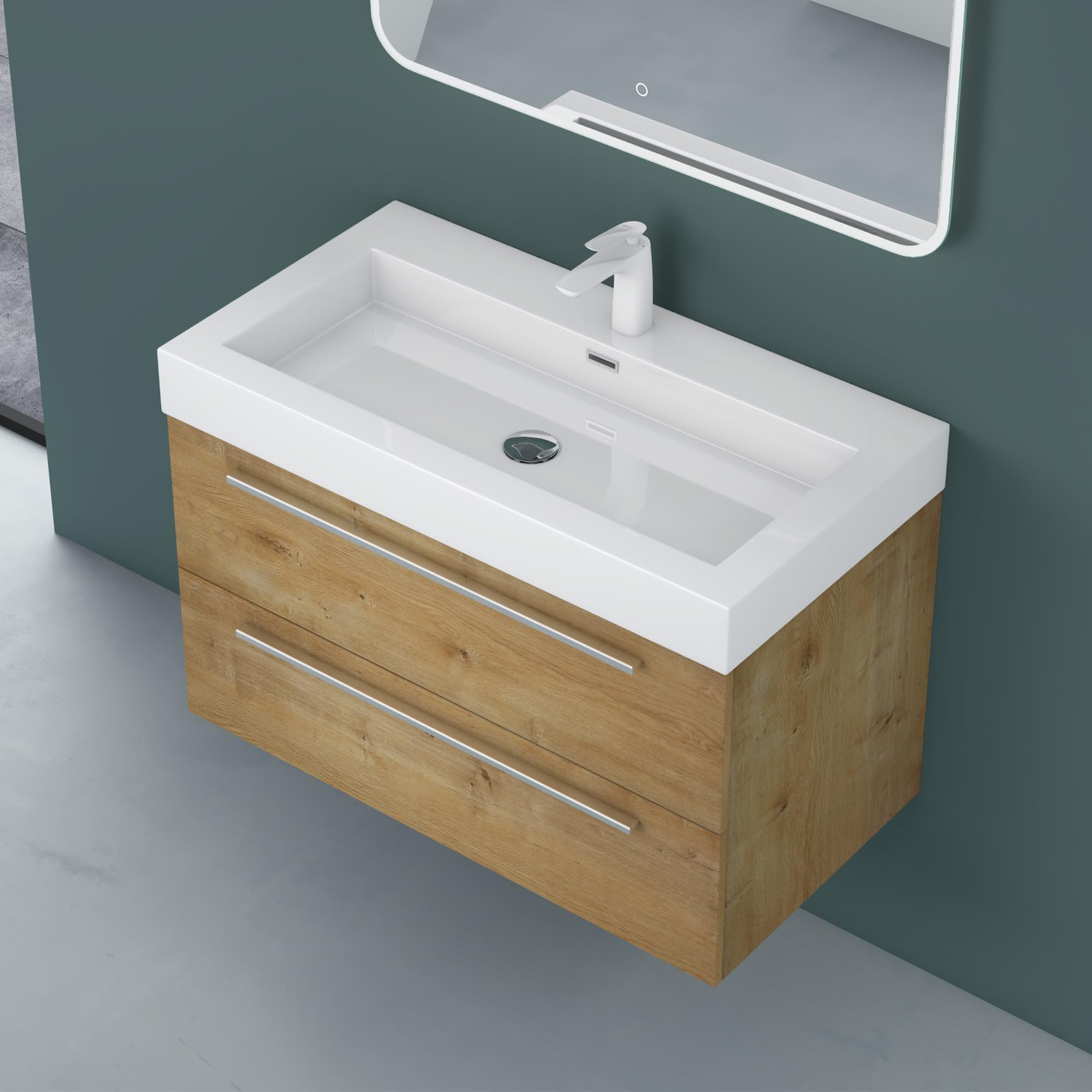 Mai & Mai Meuble de Salle de Bain Marron Clair 90cm Meuble sous Vasque Quadratto Meuble Suspendu avec Vasque