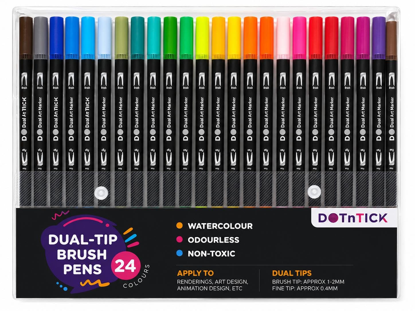 Dotntick Multicolour Dual Tip Colouring Pens 24 Pack – Brush Pens & Fineliner Markers For Kids & Adults, Felt Tip Colouring Pens For Drawing, Sketching, Journaling, Calligraphy, Art & School Supplies