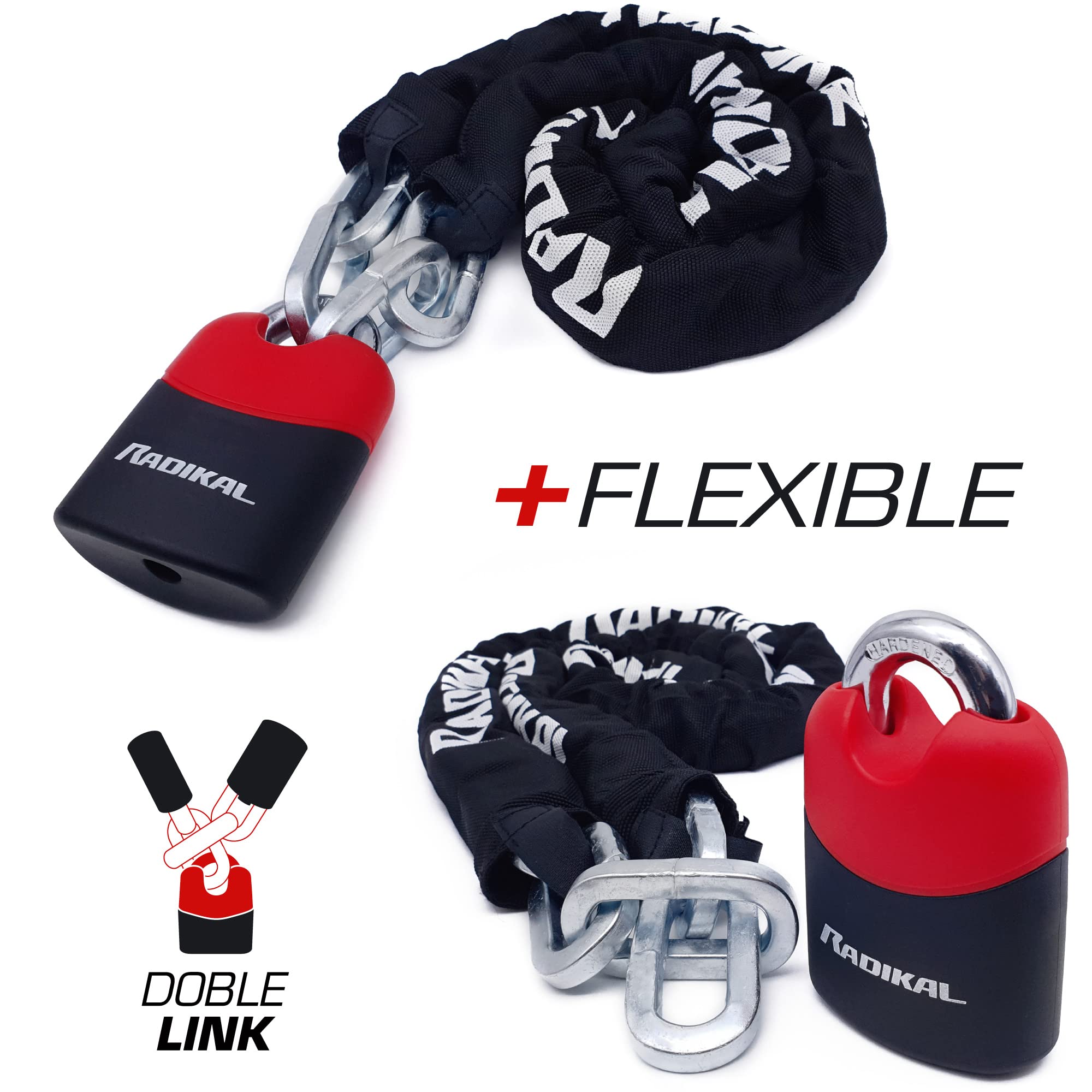 ‎RADIKAL RK4120 Candado Moto Cadena Antirrobo, Acero cementado alta seguridad ø10, Candado Bici Eléctrica, Cadena Seguridad Garaje Anclaje, Cadena Antirrobo Moto, Scooter Bicicleta, 120cm