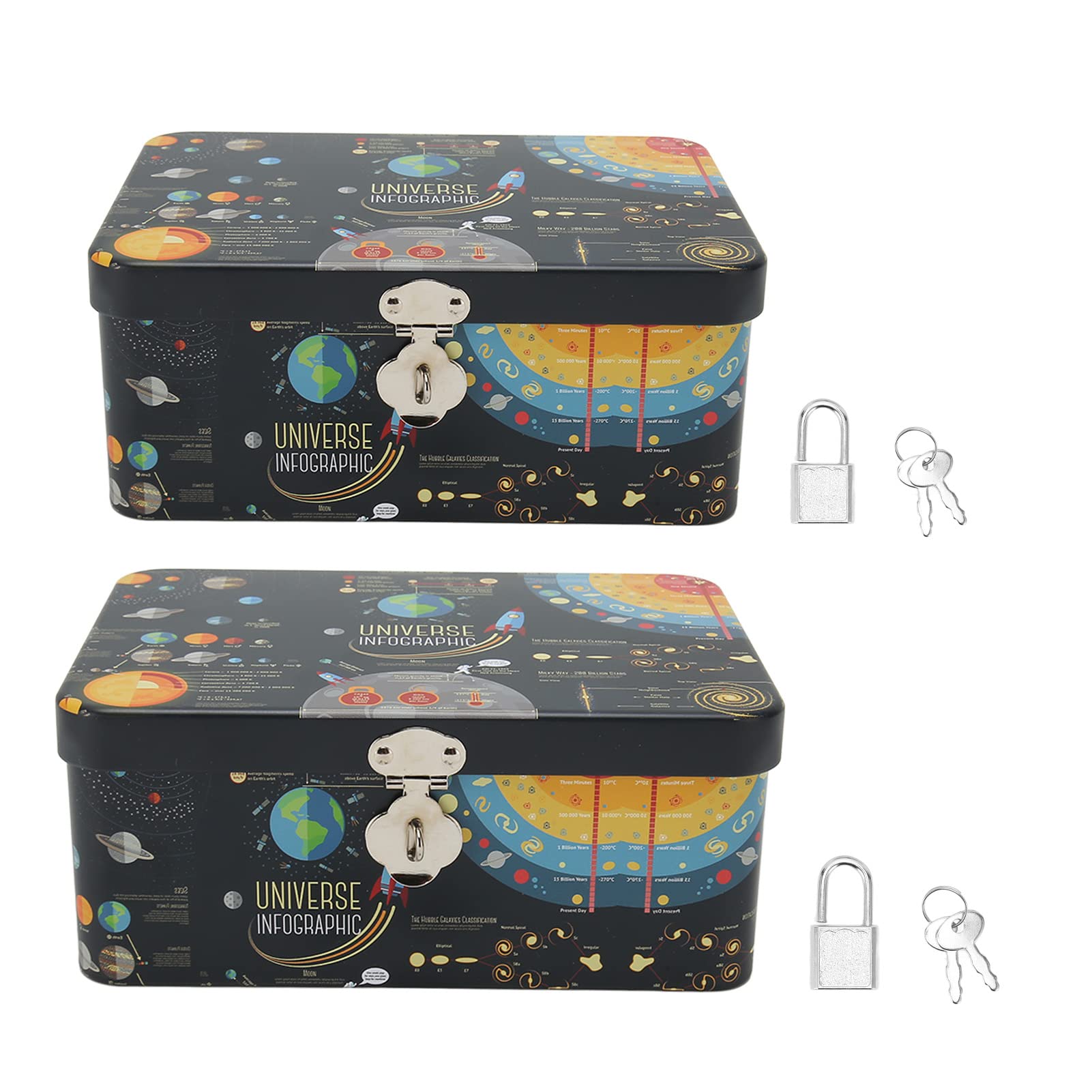 Yuecoom 2Pcs Tinplate Storage Box Universe Infographic Cartoon Rectangular Tin Box with Locks Keys for Family Office