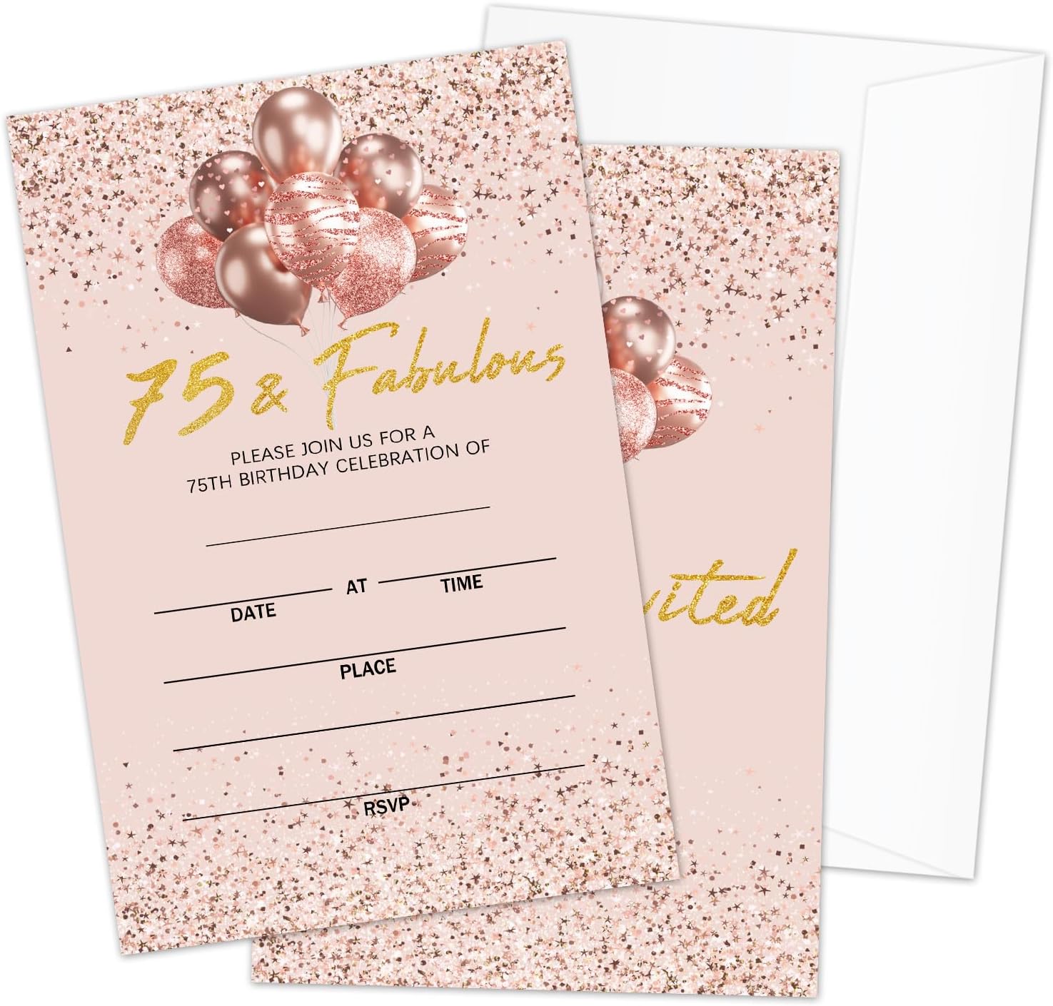 Rose Gold 75th Birthday Party Invitations with Envelopes, Seventy-five & Fabulous Birthday Invites, 20 Set Party Celebration Supplies & Favors - 33