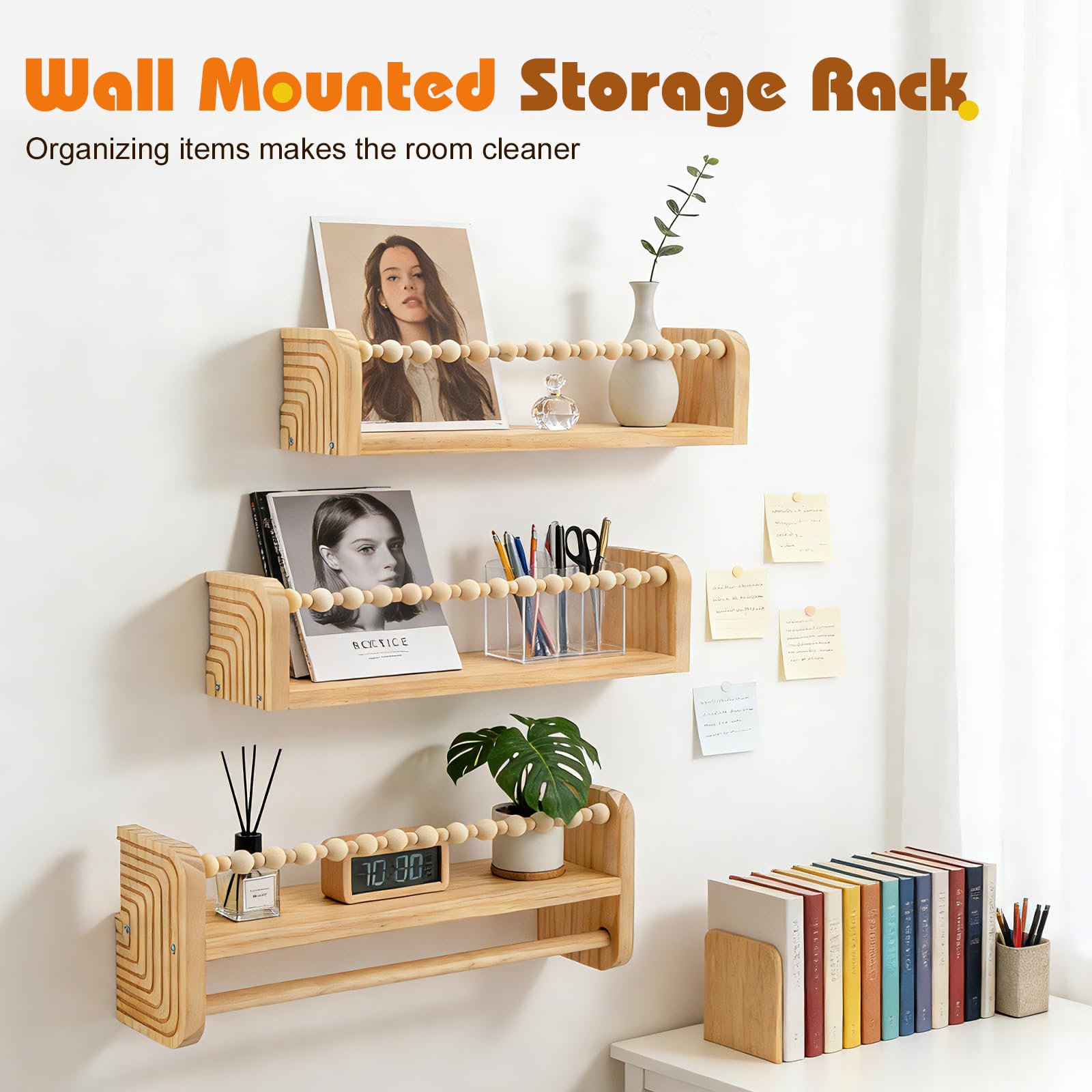 Étagères Murales en Bois Lot de 3, 40cm Bibliothèque Montessori Rangement Cadres Livre, Étagère Flottante pour Bureau Chambre Chambre et Cuisine