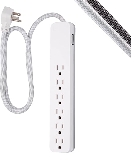 GE UltraPro - Protector de sobretensión, 6 salidas, cable de extensión trenzado, enchufe plano, cable de alimentación largo, montaje en pared 91 cm