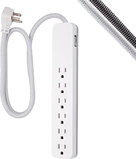 GE UltraPro 7-Outlet Power Bar Surge Protector, 3 Ft Designer Braided Extension Cord, 1080 Joules, Flat Plug, Wall Mount, UL Listed, White (41352)