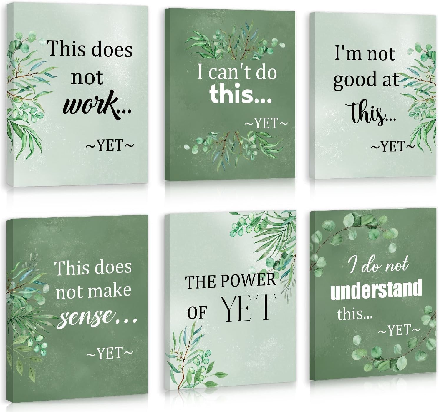 ANHUIB 6 Pcs The Power of Yet Classroom Canvas Wall Art Rustic Mental Health Positive Affirmations Wall Decor Inspirational Wall Art Quotes Green Eucalyptus Botanical Art Print for Bedroom 20x25cm — image 1