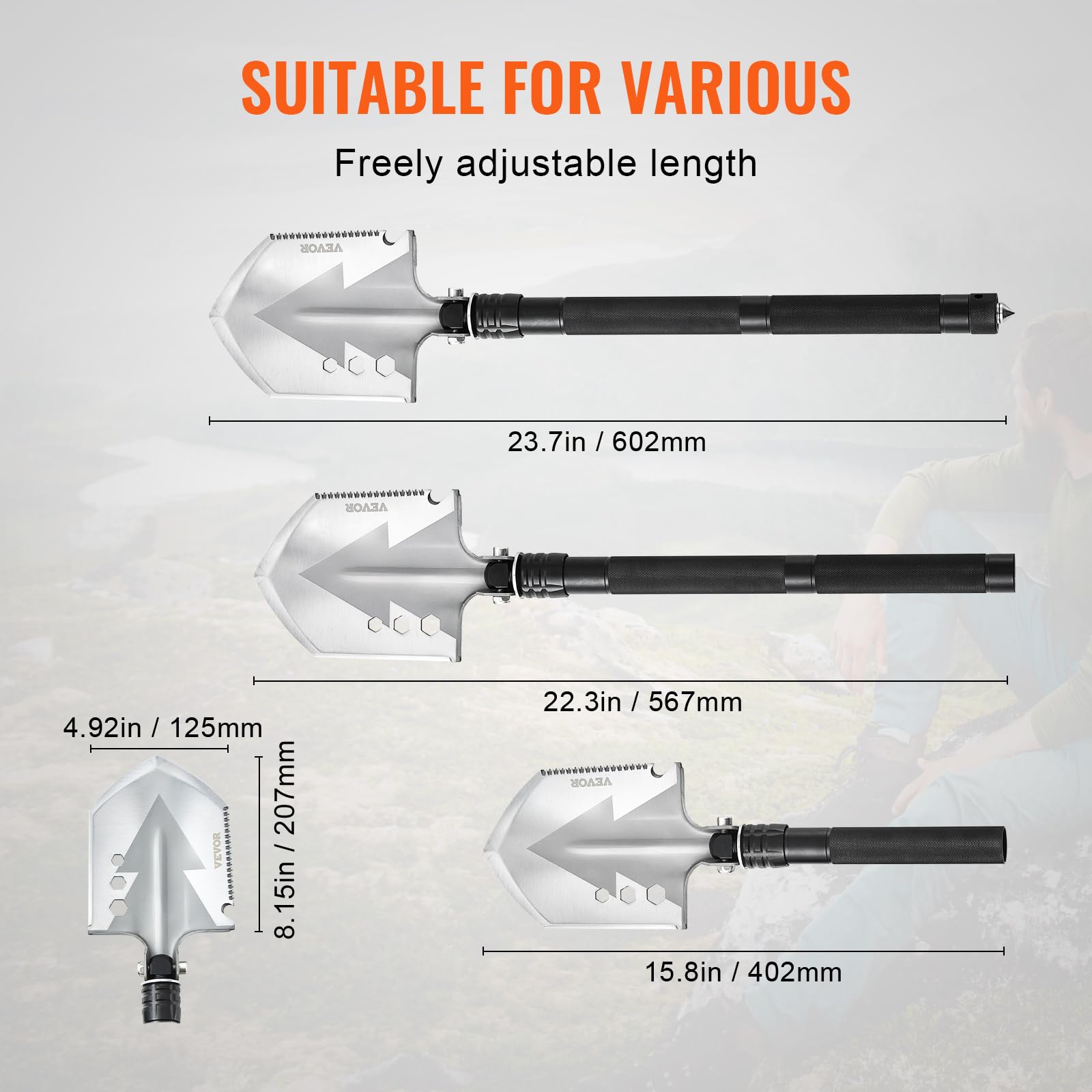 VEVOR Pelle de Survie Pliante, Pelle de Camping multifonctionnelle 8 en 1, Pelle Tactique compacte Portable de qualité Militaire, pour Tout-Terrain, Camping, randonnée, extérieur, Survie, Urgence
