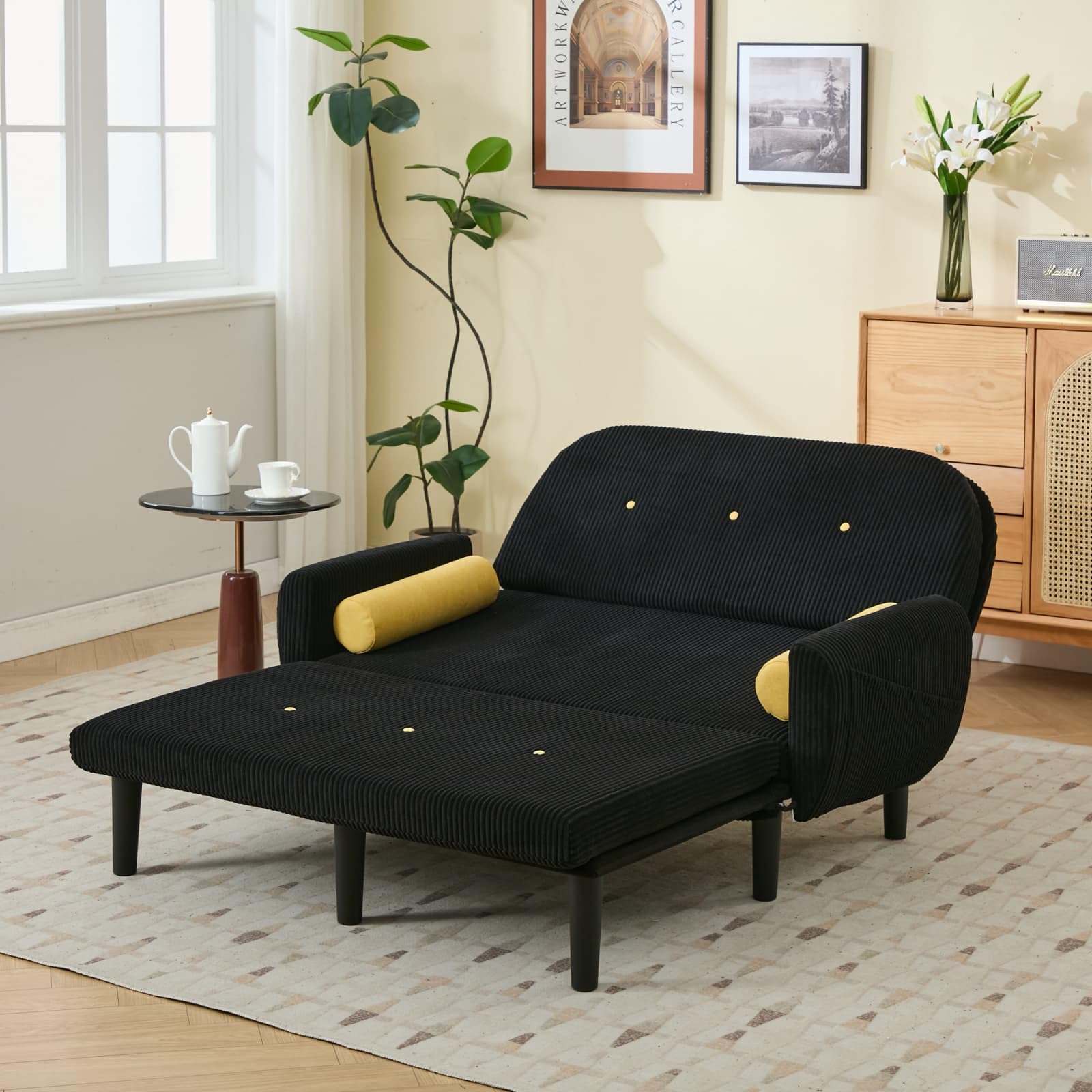 KOMHTOM Canapé Convertible 2 Places Moderne, Canapé-lit Pliable, Dossier Réglable, 2 Coussins Cylindriques, Tissu Velours Côtelé, pour Salon, Chambre à Coucher (Noir)