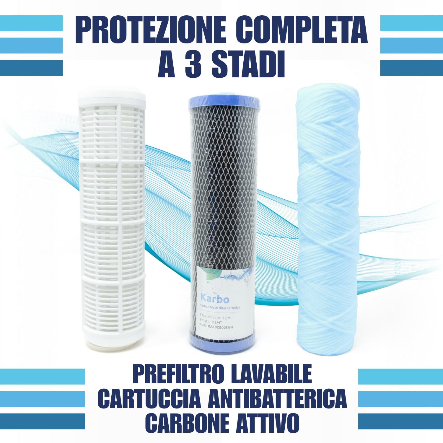 AQUASKUDO Filtro Acqua Rubinetto tre Stadi 3/4, Kit Filtro Acqua Sotto Lavello Made in Italy - Depuratore Acqua Domestico, Contenitore Filtri Anticalcare e Carboni Attivi