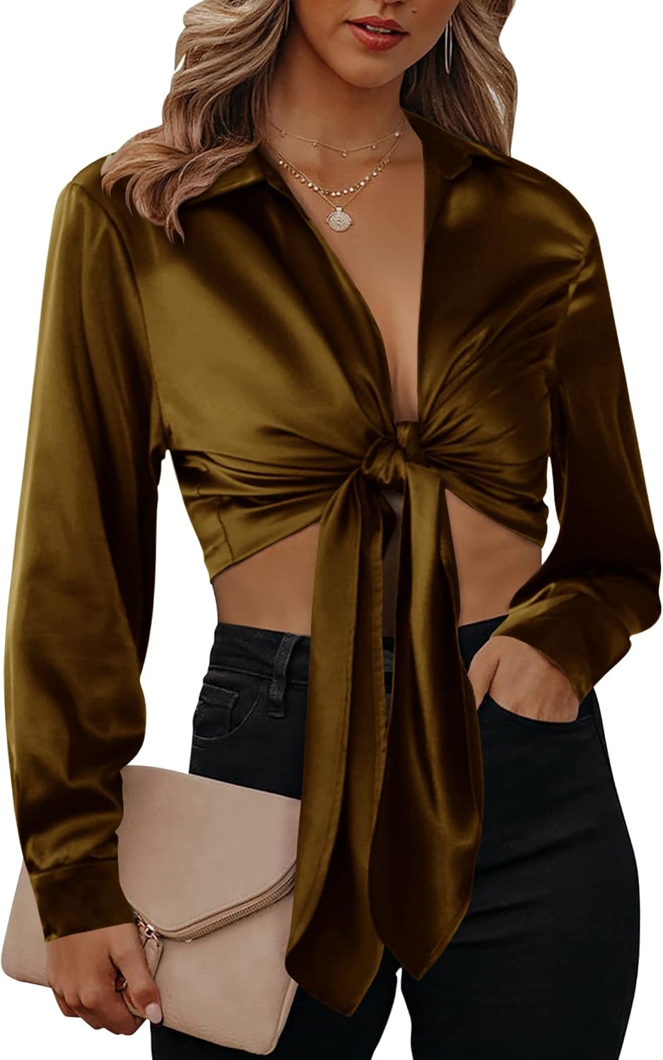 Satin Blouses for Women Sexy Long Sleeve Silk Shirts Tie Front Deep V-Neck Wrap Crop Top