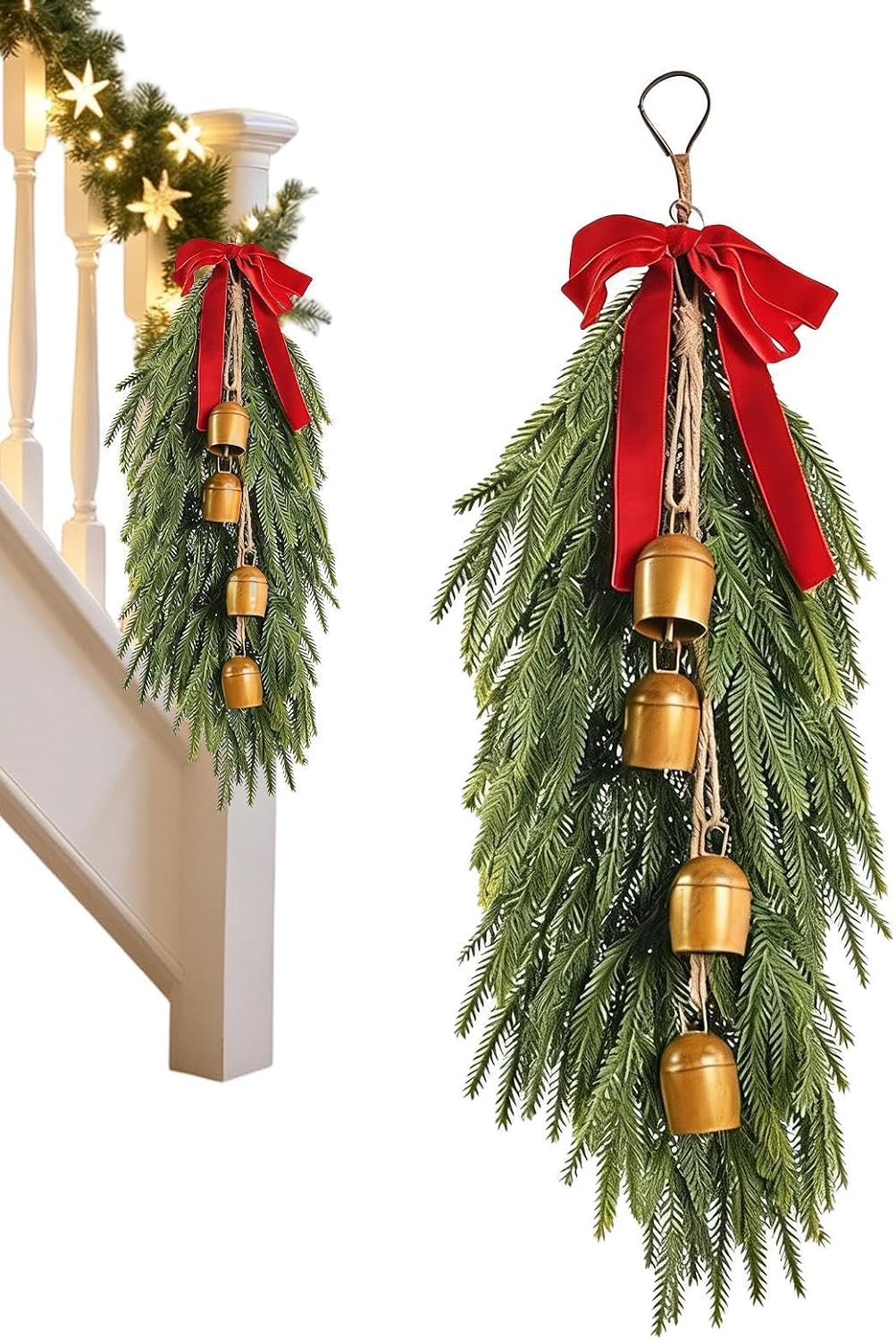 Teardrop Wreath Seasonal Swag with Bells - Artificial Christmas Decor
