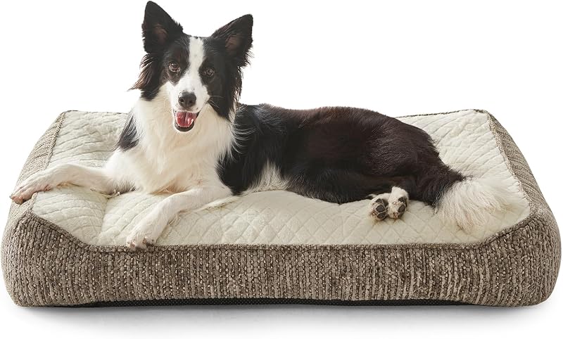 Cama Ortopédica para Cães Grandes JOEJOY com Laterais, Pelúcia Macia e Espuma Dupla, Bege, 96,52 x 71,12 x 21,59 cm