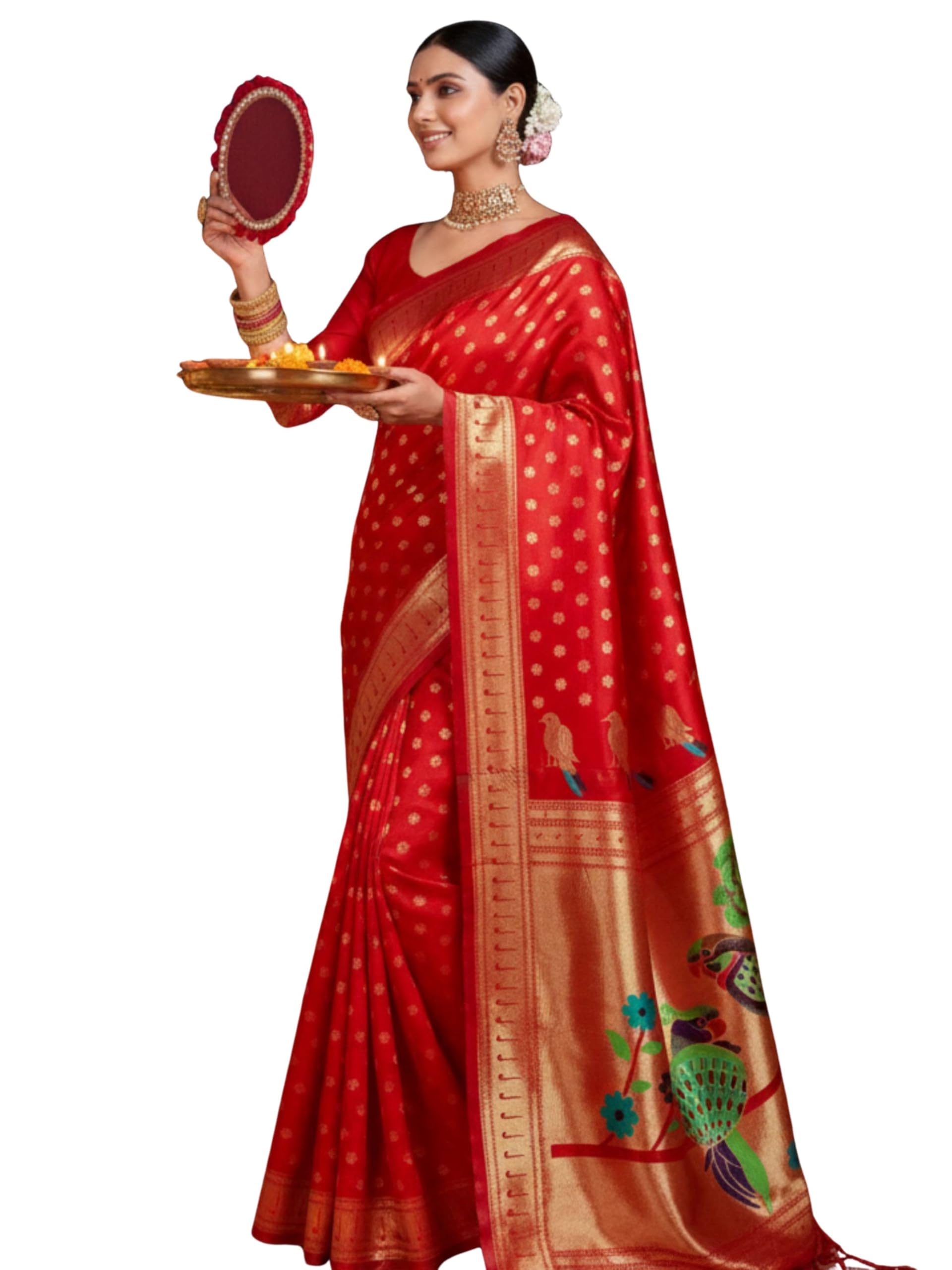 EthnicJunction Women's Silk Blend Woven Paithani saree With Blouse Piece | Karva Chauth Special Saree