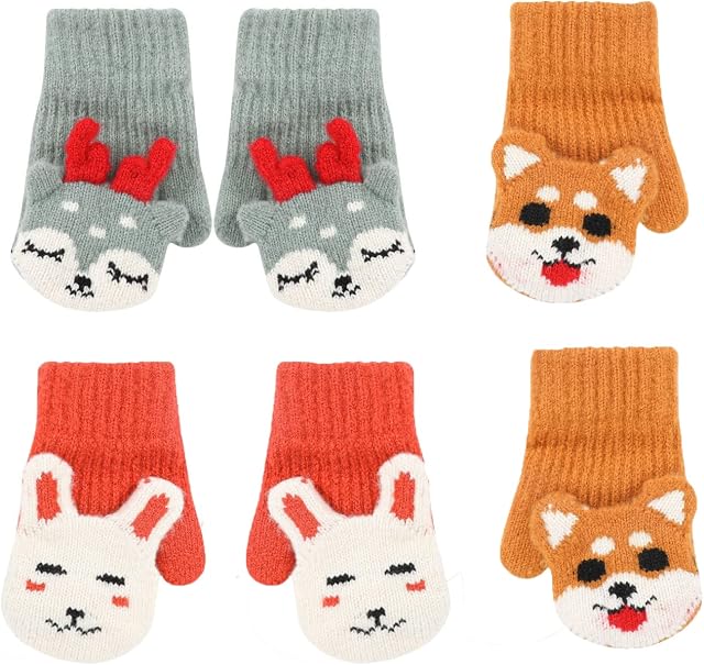 Jupsk Toddler Mittens Winter Warm Knitted Gloves Magic Stretch Christmas Gloves for Kids Baby Boys and Girls 1 2 3 4 Years Old, 3 Pairs