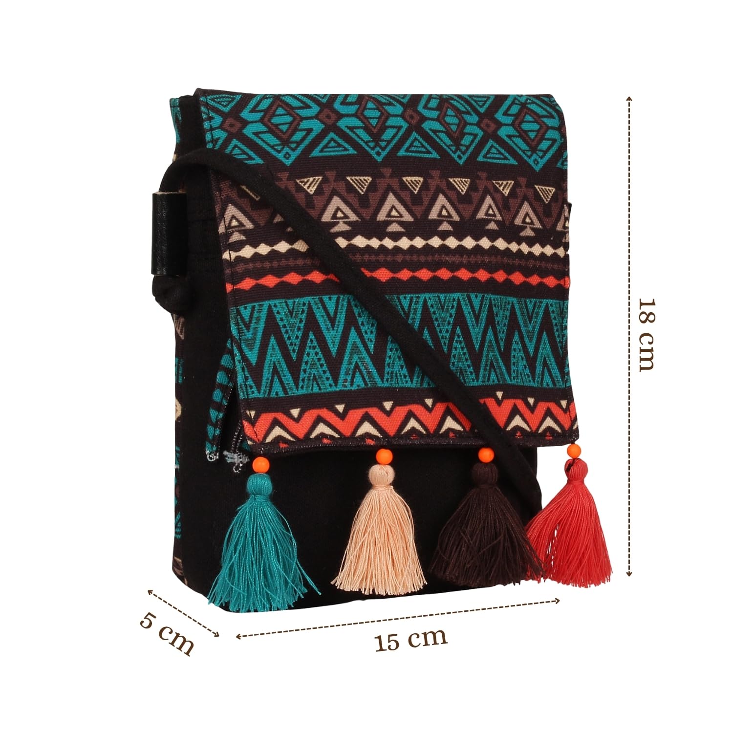 Anekaant Women's Geomat Digital Printed Cotton Canvas Sling Bag (Black, Green and Multicolor) 2
