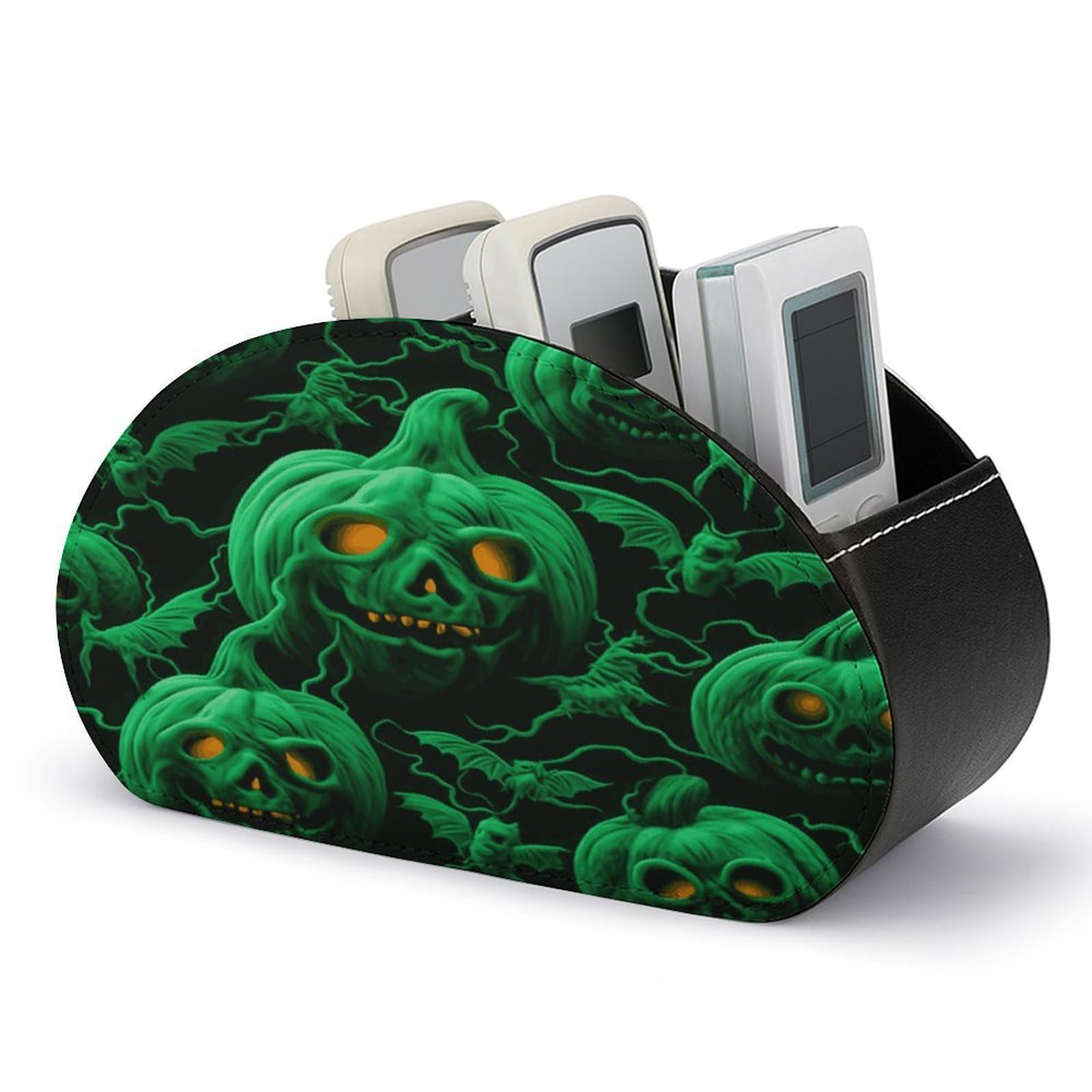 JTREHY Green Ghost Horror Halloween Pumpkin Remote Control Holder 5 Compartments Remote Caddy Tray PU Leather TV Remote Storage Box Bedside Table Storage Organizer Office Desk Storage Case