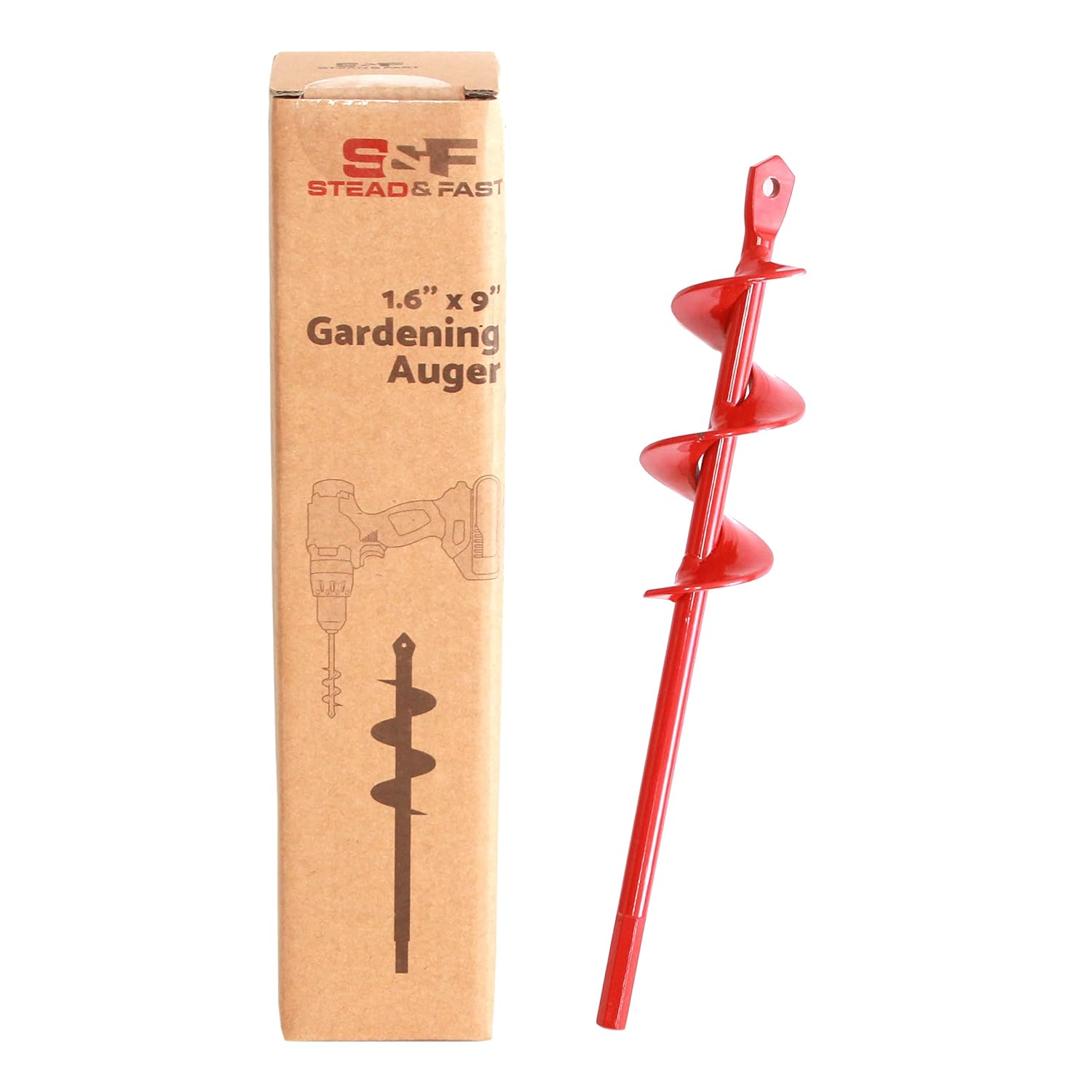 S&F STEAD & FAST Drill Auger Bit for Planting 1.6" x 9", Planting Auger for Cordless Drill, Garden Spiral Hole Drill Planter, Garden Auger Spiral Drill Bit for Planting, Red