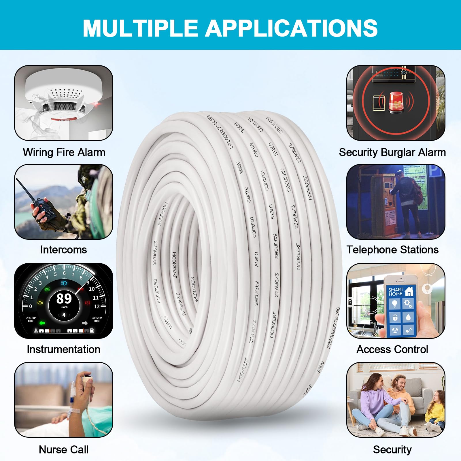 MOOKEERF Cavo schermato 22/3 22 AWG 3 Conduttore Schermato Plenum Cavo 200FT Bianco CL3P Giacca per Sicurezza/Allarme/Controllo Accesso/Suono-22AWG 3 Conduttori Filo