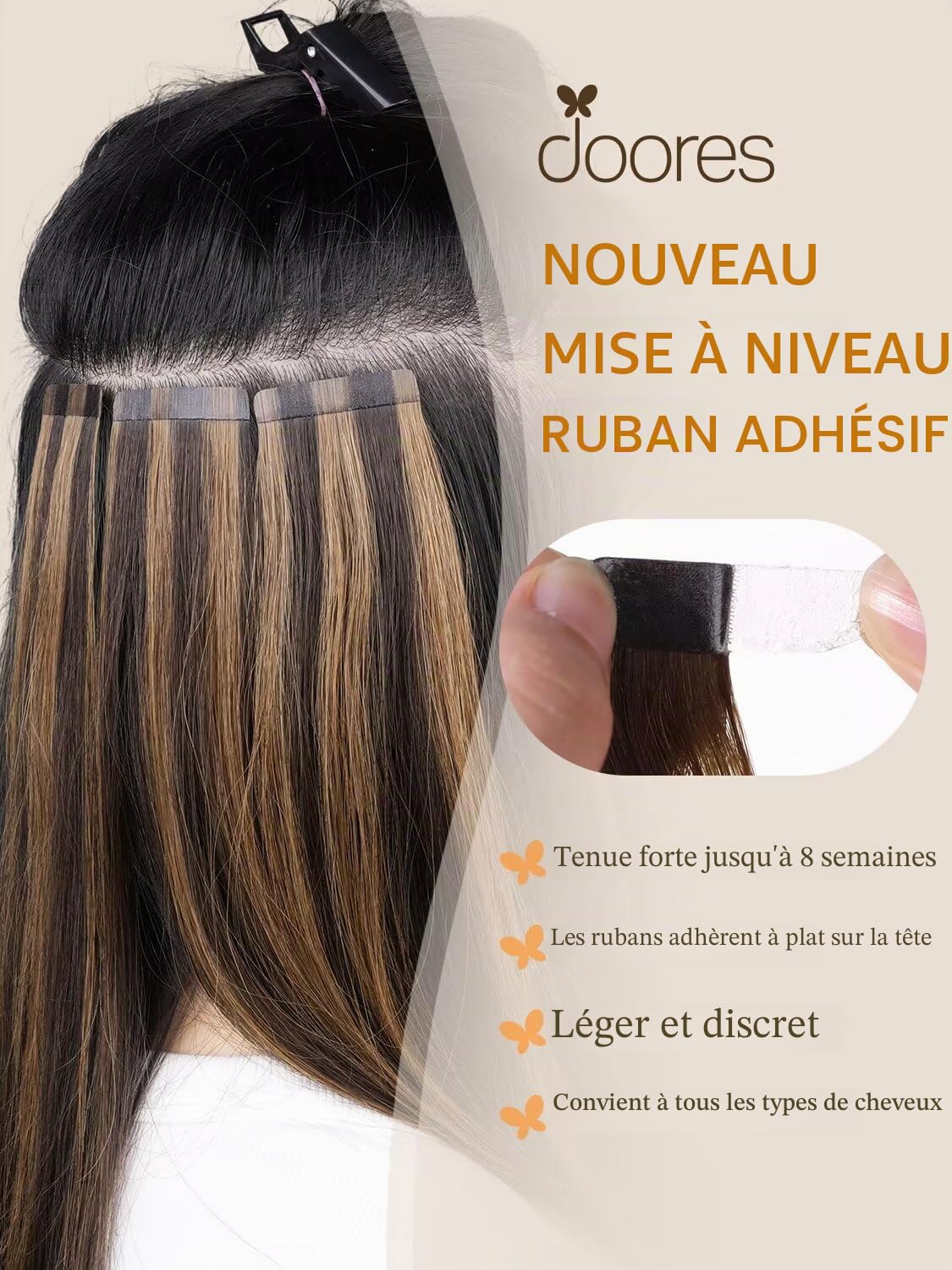 DOORES Extension Cheveux Naturel Adhesif, Brun Foncé 50cm 20 Pouce 50g 20pcs, Tape Extensions de Cheveux Lisse Remy Hair Skin Weft Adhesive Cheveux