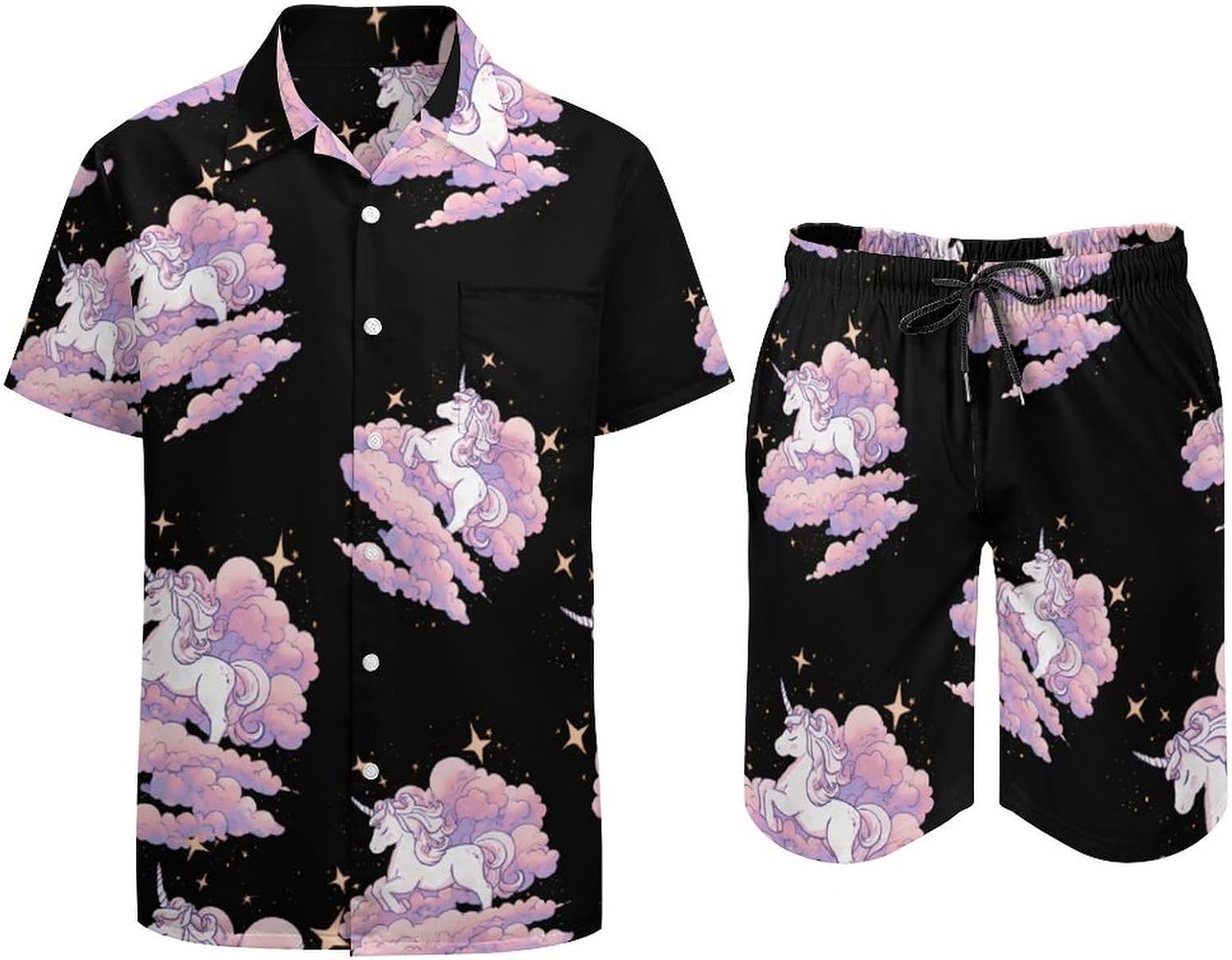 Fantasy Unicorm in The Clouds Men's Summer Beach 2 Piece Outfits | hawaiian button down shirt and shorts,vacation cruise,mens bathing suit
