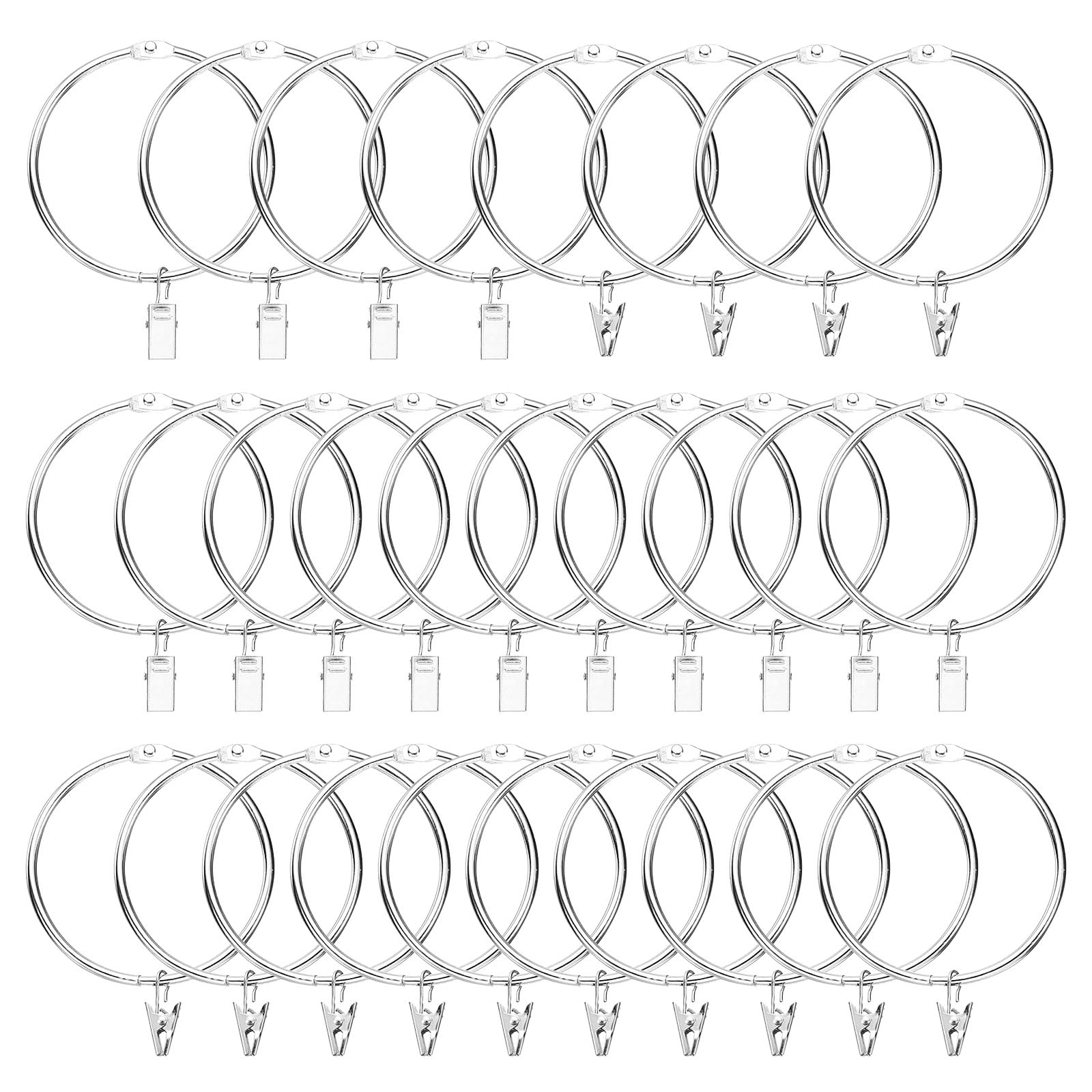 uxcell Lot de 28 anneaux de rideaux avec clips, diamètre intérieur de 7,6 cm, anneaux de fixation pour rideaux décoratifs vintage antirouille avec crochets, argenté