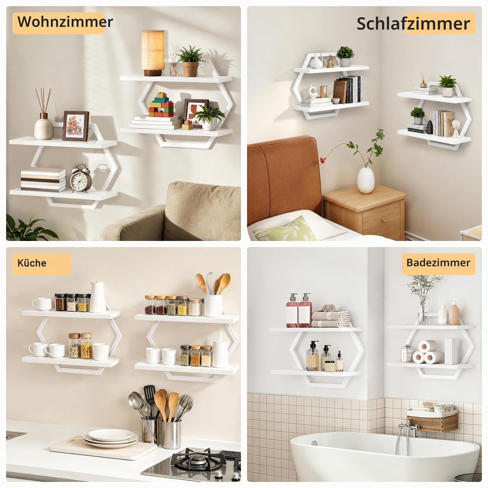 Lermende Wandregal Holz und Metall, 2Pcs Schweberegal Hängeregale-Weiß