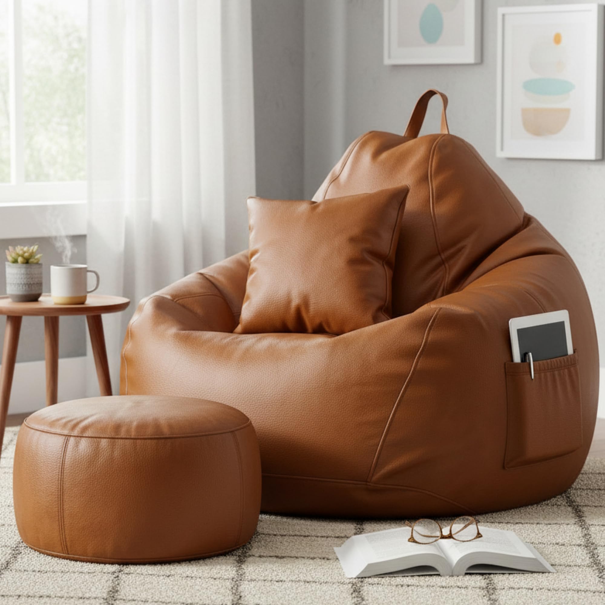 KAM'S LIEU 6XL Luxury Faux Leather Bean Bag with Footrest & Cushion | Pre-Filled High-Density Polystyrene Beans | Premium Leatherette |Teardrop Handle Design | 6 Months Warranty Color- TAN