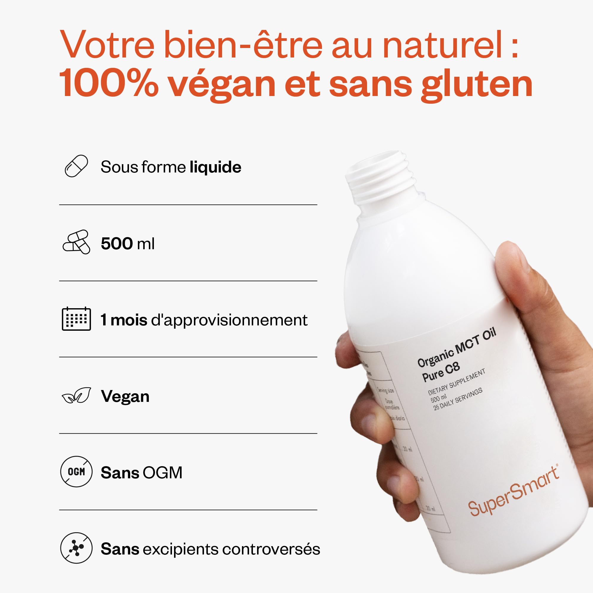 Huile TCM de Coco BIO Dosée à 98% de C8 - Preworkout - Vegan - SuperSmart | Gestion du Poids - Aide à Soutenir le Métabolisme et à Réduire l'Apport en Glucides - Régime kéto - Sans Gluten