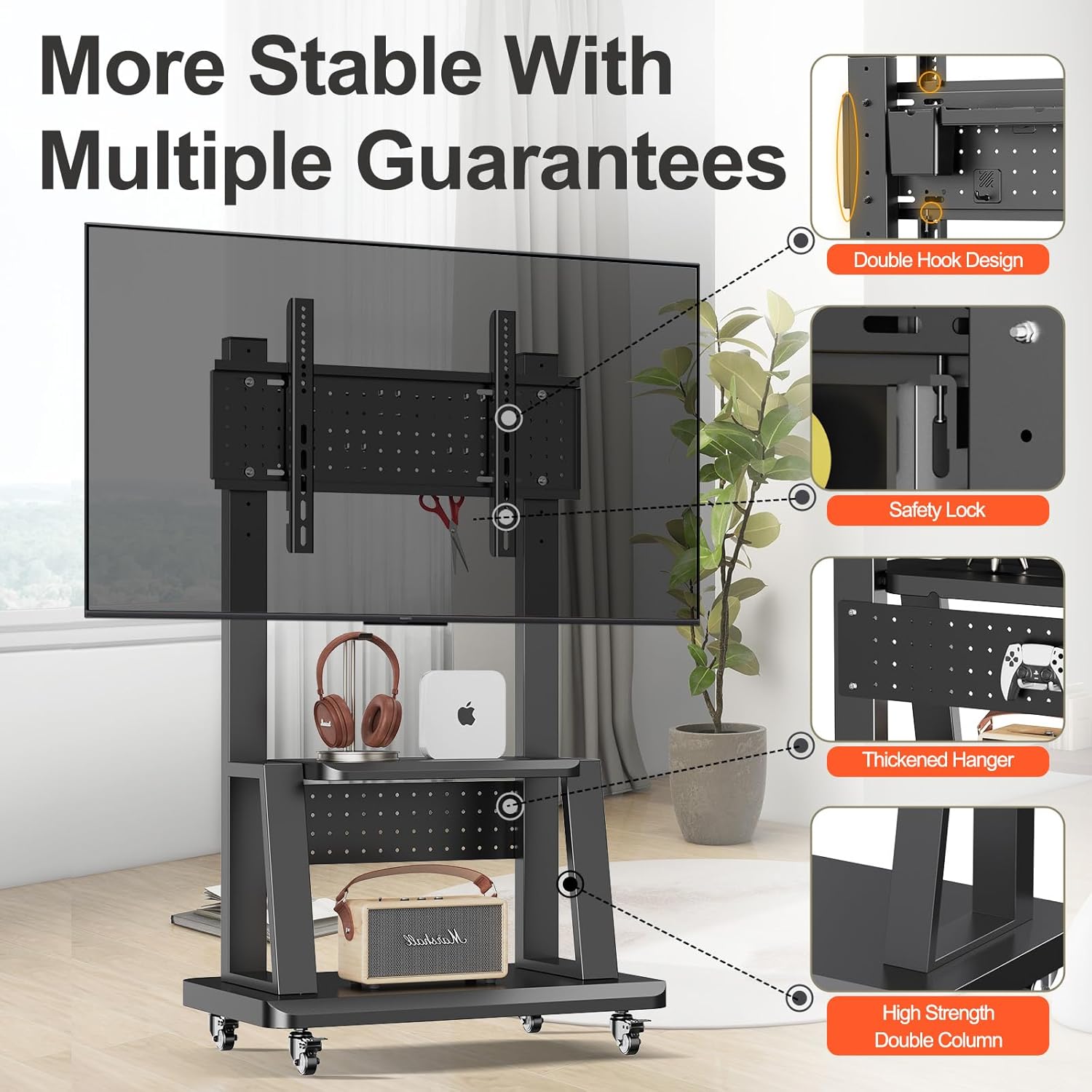 Mobile TV Cart Rolling TV Stand with Pegboard Storage for 32-80 Inch Screens up to 220 lbs, Height Adjustable Heavy-Duty Portable Floor TV Stand on Lockable Wheels with Shelf Max VESA 600x400mm