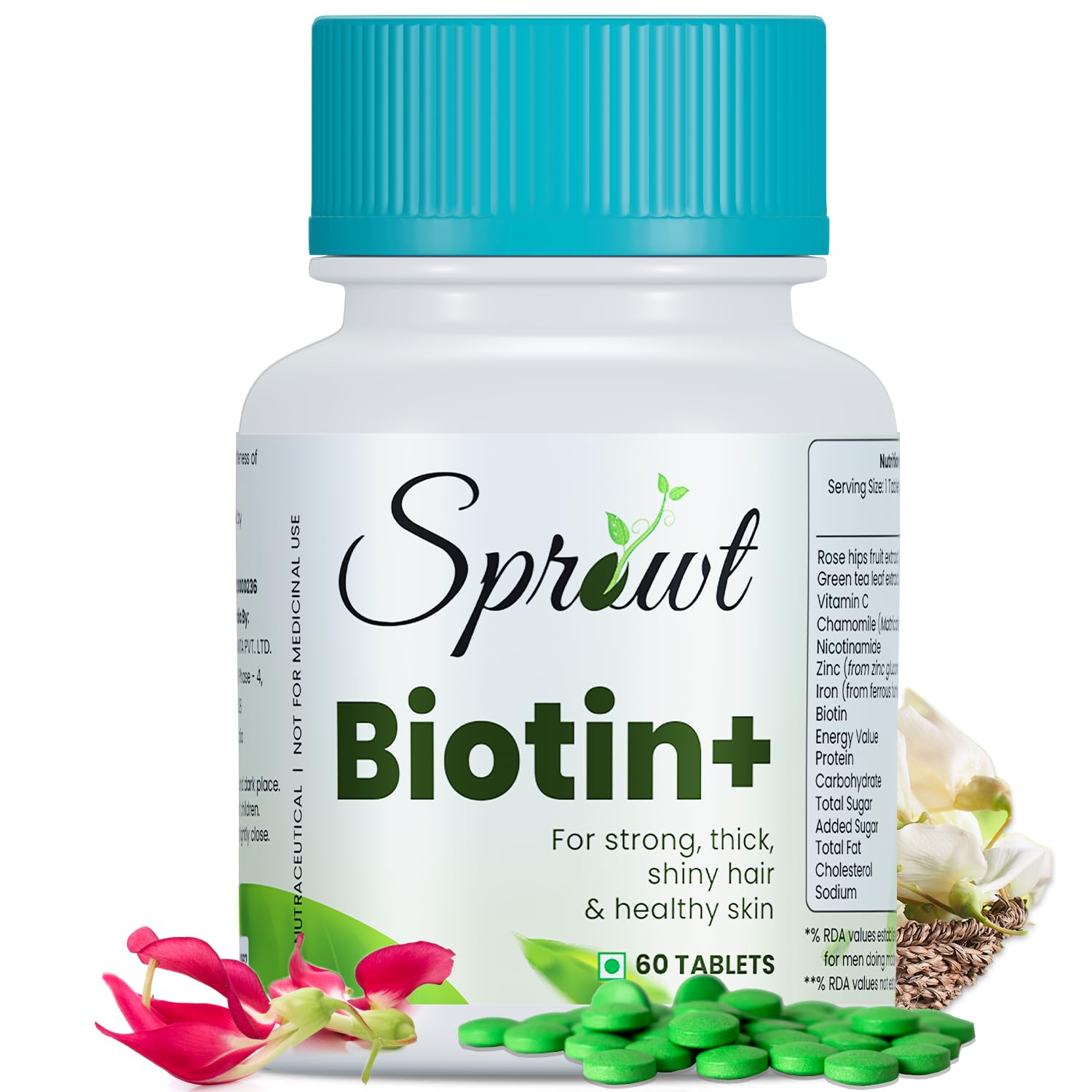 Sprowt Biotin + Tablet | Supplement For Strong Thick Hair & Glowing Skin | Improve the Energy Level | With Niacinamide, Vitamin C, Zinc, Green tea & Rosehip Extracts | Men & Women | 60 Biotin Veg Tablets-image-26