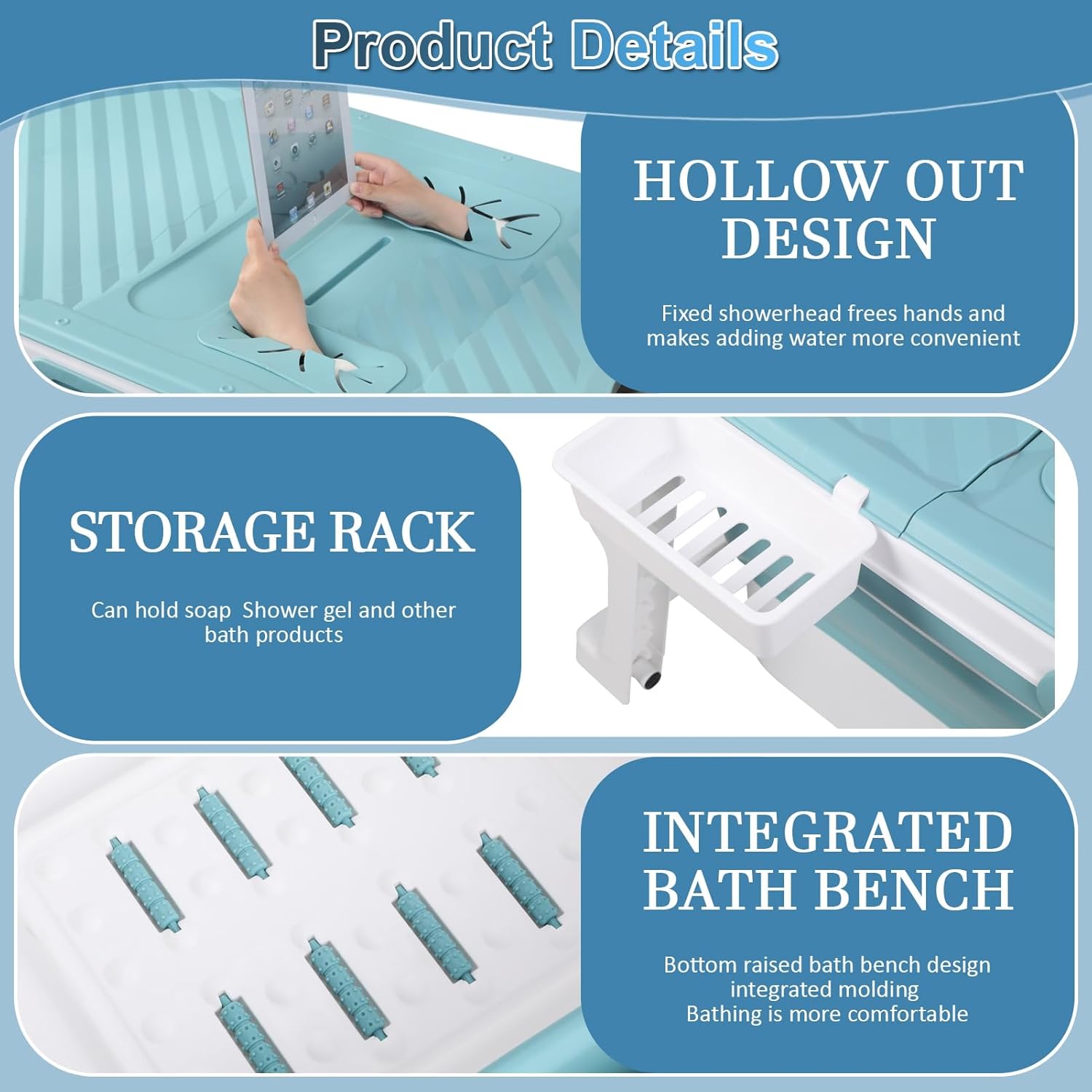 Foldable Bathtub Portable Soaking Bath Tub for Adult,Ideal for Hot Bath Ice Bath with Reached Out Hands 51 inch Foldable Collapsible tub Effortless Folding Bathtub Blue