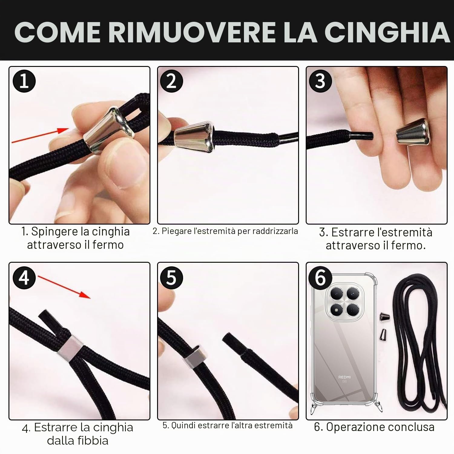 Custodia Con Cordino Regolabile Per Xiaomi Redmi Note 15 Pro 5G, TPU Trasparente, Antiurto E Antigraffio, Colore Nero - 6