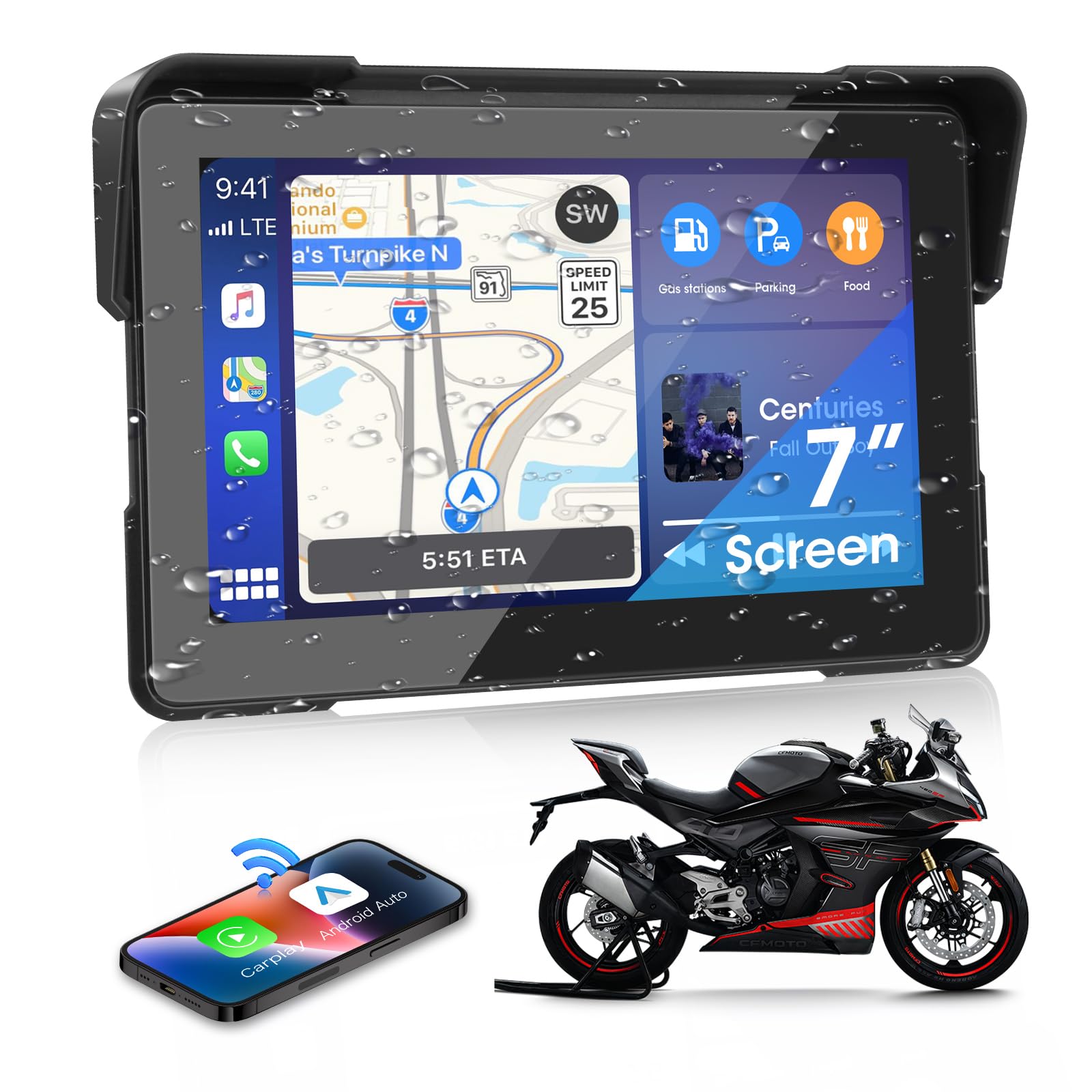 7" Motorrad Carplay Android Auto Dual Bluetooth Navigationsgeräte | Motorrad Display für Motorräder mit Siri, G-oogle Assistent, IP67 Wasserdicht für Pendelnde Fahrt