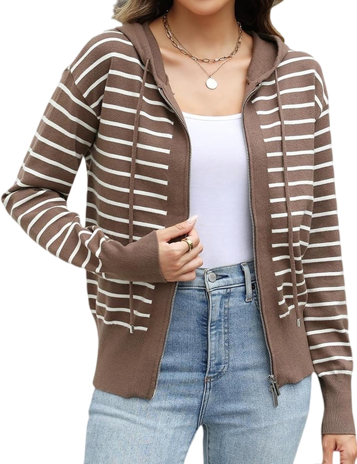 CiCiBird Women’s Striped Cardigan Sweater Lightweight Zip Up Hoodie Cardigans Fall Casual Long Sleeve Tops 2025 A Nutmeg White Stripe Small