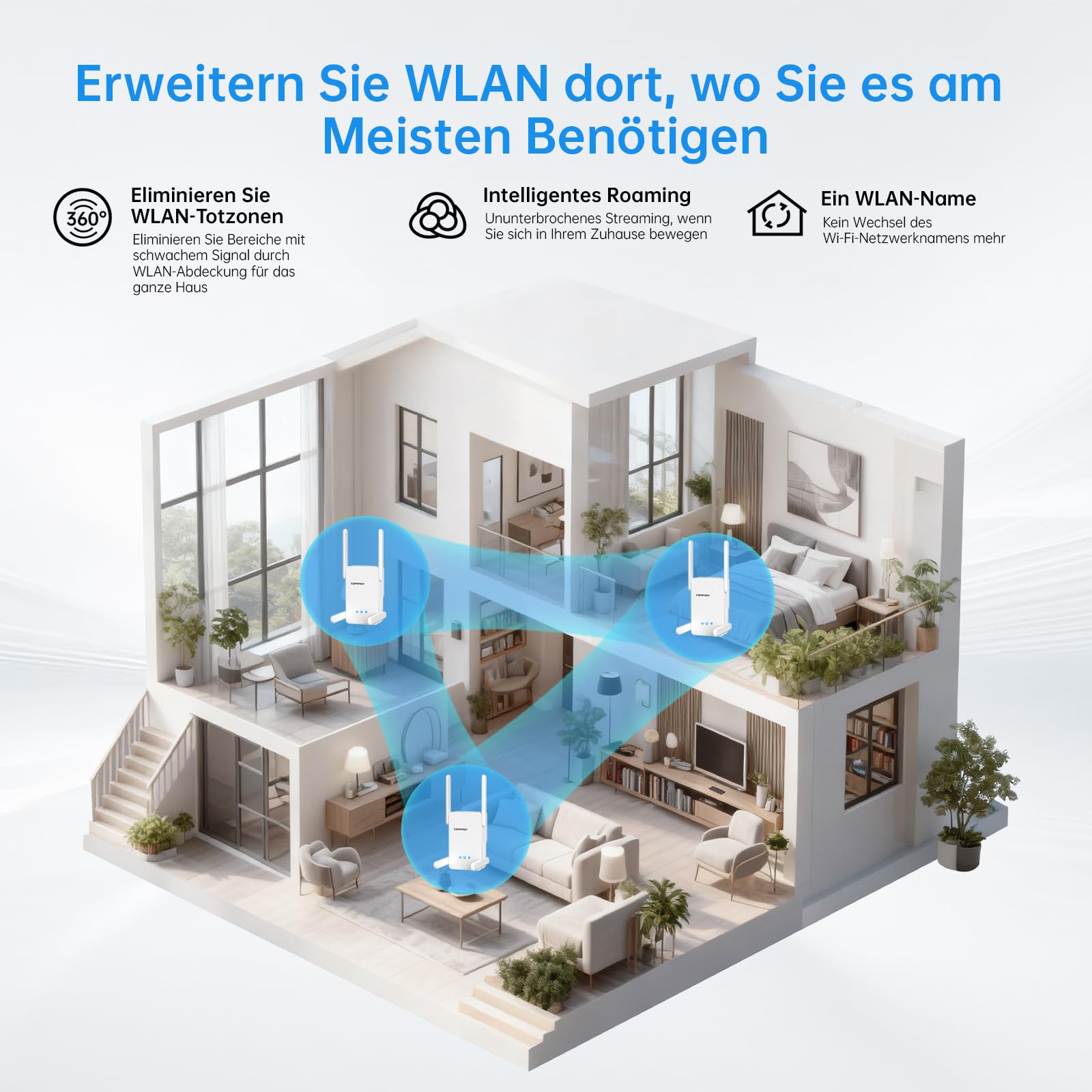 WLAN Verstärker WiFi 7 Repeater Dulaband 5GHz/2.4GHz BE3600 Mbit/s WLAN Repeater Internet Verstärker mit 4 Antennen, Gigabit Port, WPS, MLO, 4K-QAM, Kompatibel Allen Routern und WLAN Geräten