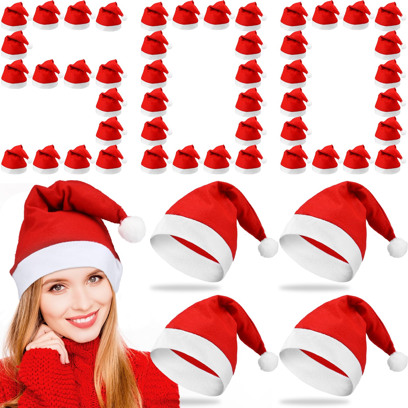 Vicenpal 500 Pieces Christmas Santa Hats Adult Bulk Red Xmas Non Woven Fabric Costume Hat Christmas Hats with White Cuffs for Winter New Year Holiday Party Gift Supplies