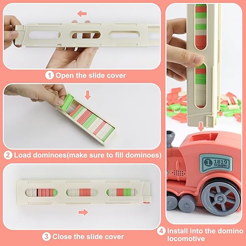 Miniatura 3 de Gooswexmzl Juego de juguetes de tren de dominó, juego de 200 bloques de dominó, divertido y colorido tren de rally de dominó, bloques de juguete de