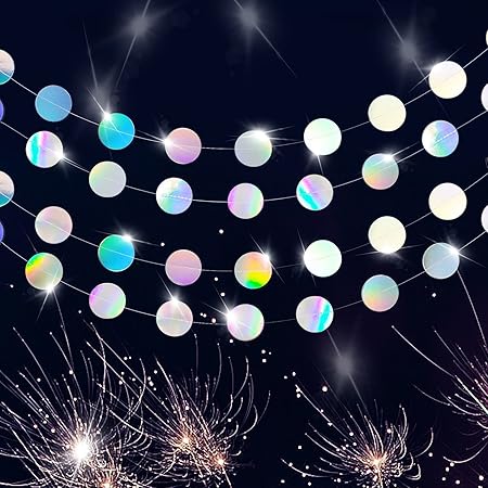 Iridescent Disco Party Decorations Garland, Retro 70s Circle Streamers, Holographic Hanging Dancing Decor Backdrop, Sparkle Birthday Bachelorette Mermaid Unicorn Theme Party Supplies