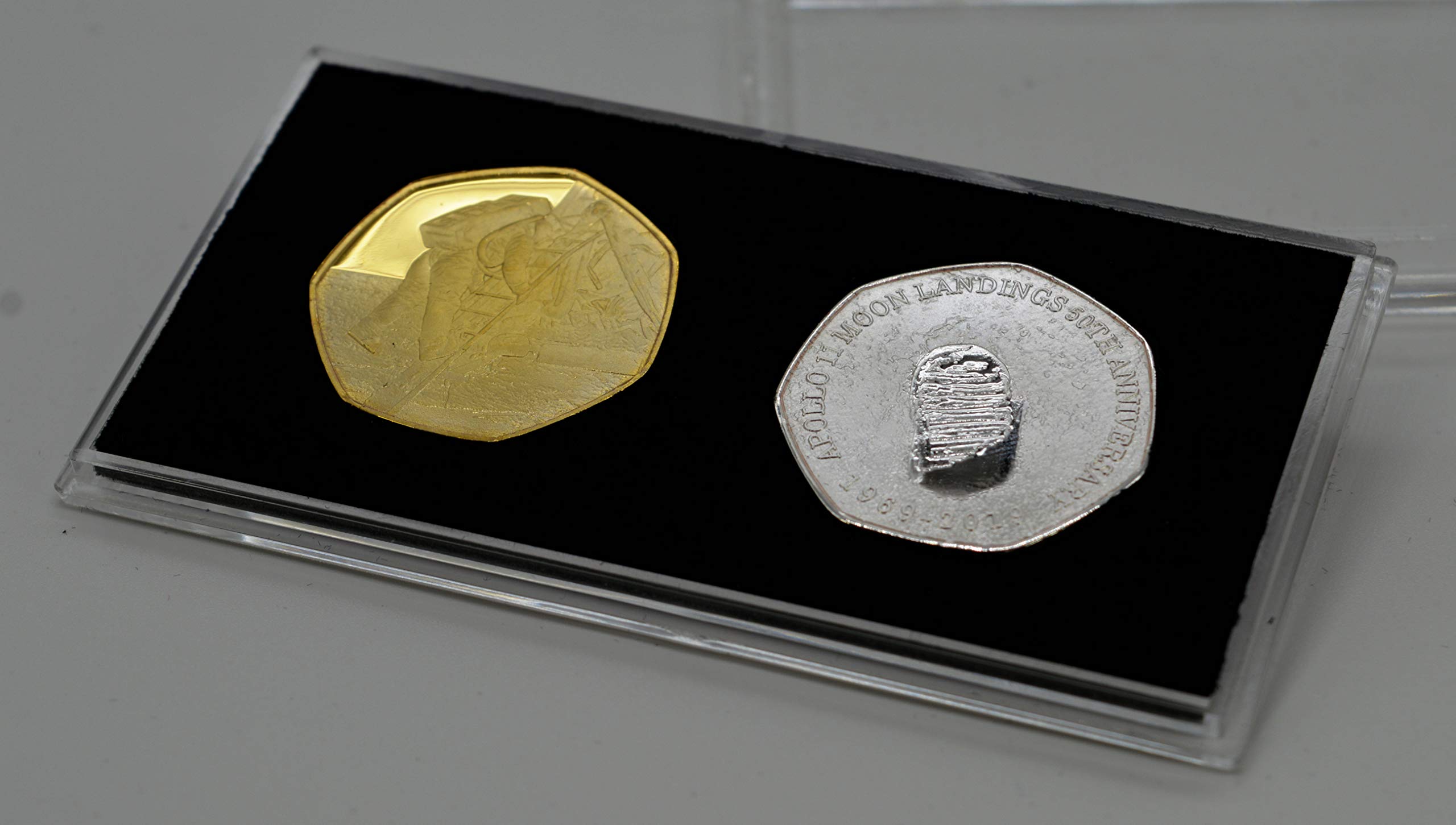 Pair of MOON/LUNAR LANDINGS Fine Silver & 24ct Gold Commemoratives in 50p Coin Display Case. Apollo 11, 50th Anniversary