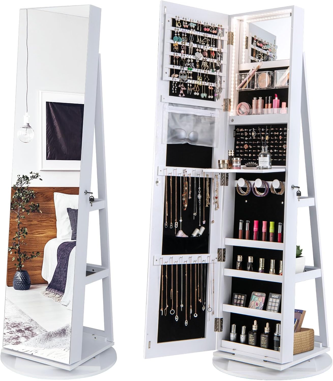 Espejo De Pie Organizador De Joyería Con Luces LED, 61 Pulgadas, Base Giratoria