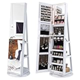 360° Rotating Mirror Jewelry Armoire, Freestanding Jewelry Organizer w/ 3-Color LED Lights, Full-length Mirror w/Jewelry Storage, Lockable Jewelry Cabinet for Bedroom, Cloakroom (White)