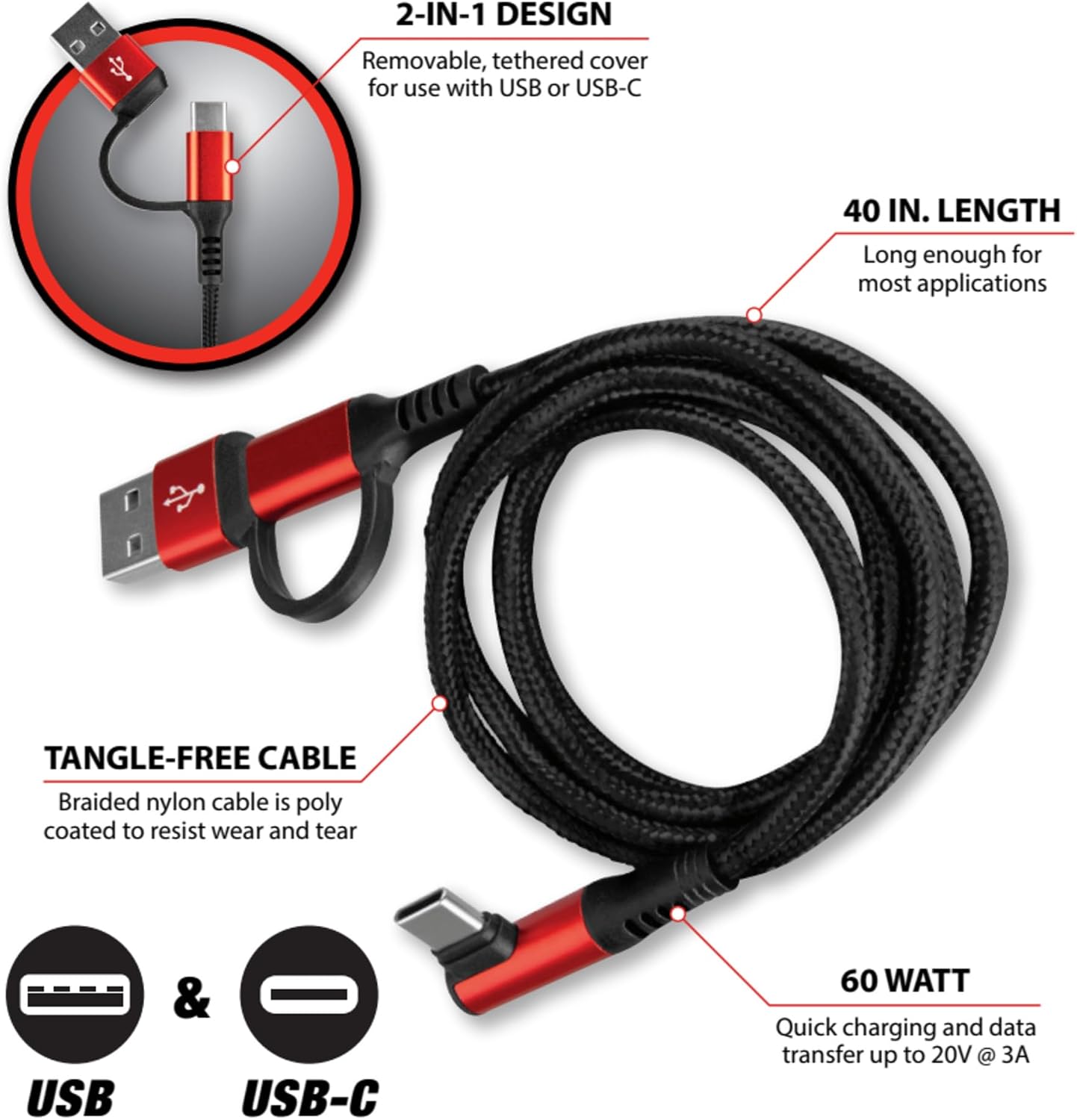 Performance Tool W492 USB-C 2-in-1 Charging Cable, 40 in. (1 m) Length, Braided Nylon Cable, Quick Charging and Data Transfer, Black/Red
