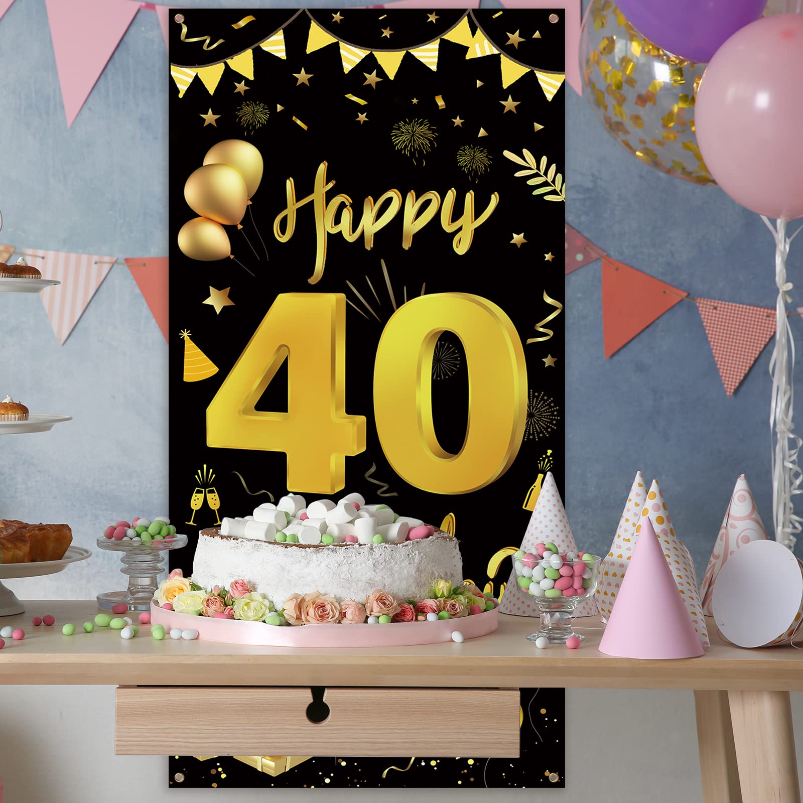 GoldRock Decorazione Per 40° Compleanno - Striscione In Poliestere Con Scritta Happy 40th, Palloncini E Torte, 6m Di Nastro, Per Feste Uomo E Donna
