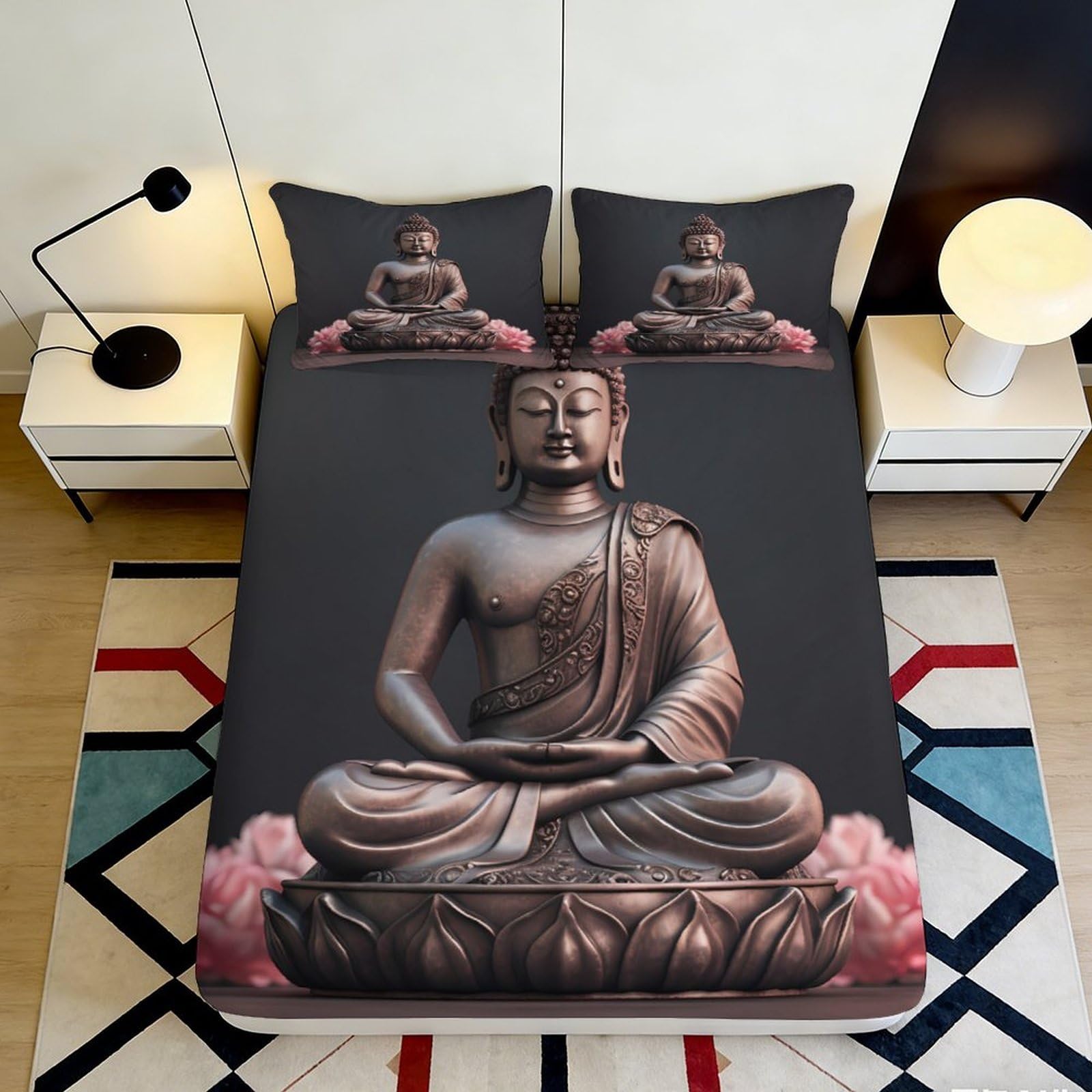 3D Printed Buddha Statue Fitted Sheet Microfiber Soft Breathable Lotus Bed Cover for Bedroom Guest Room Decor 90x200x25cm