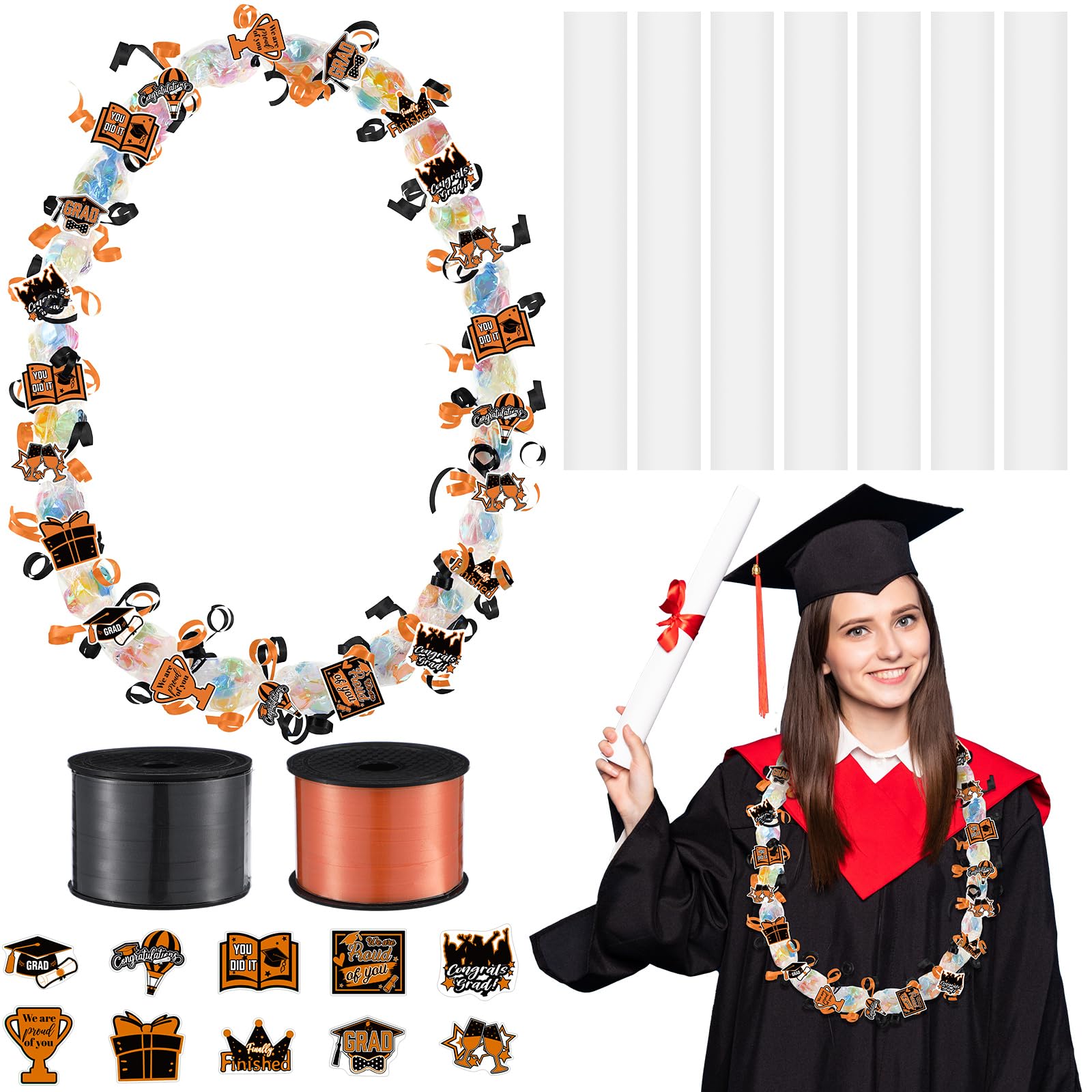 Photo 1 of Teling 60 Set Graduation Candy Lei Making Kit Includes 60 Pcs Hawaiian Candy Lei Tubing 2 Rolls Ribbons 600 Pcs Paper Cut for Graduation Party Gift(Black, Orange)