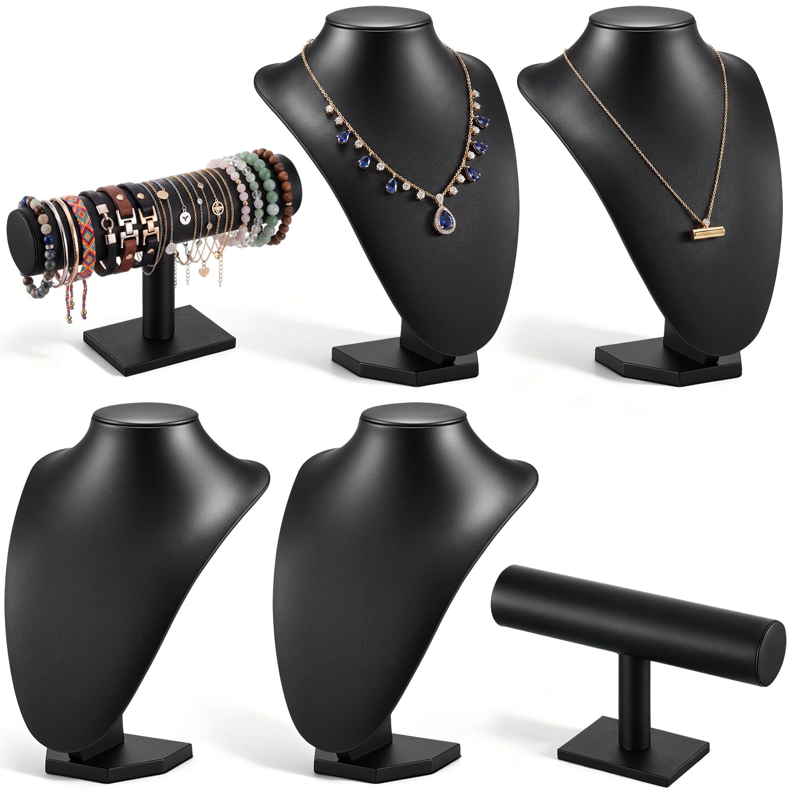 Huquary 6 Pcs Black PU Leather Jewelry Display Set Necklace Bust Holder