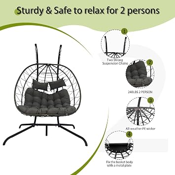BIRCHTREE Hanging Egg Chair with Thick Cushions and Stand Garden Swing Hammock Chair Indoor Outdoor Sturdy Frame PE Rattan Double for Patio Balcony Grey