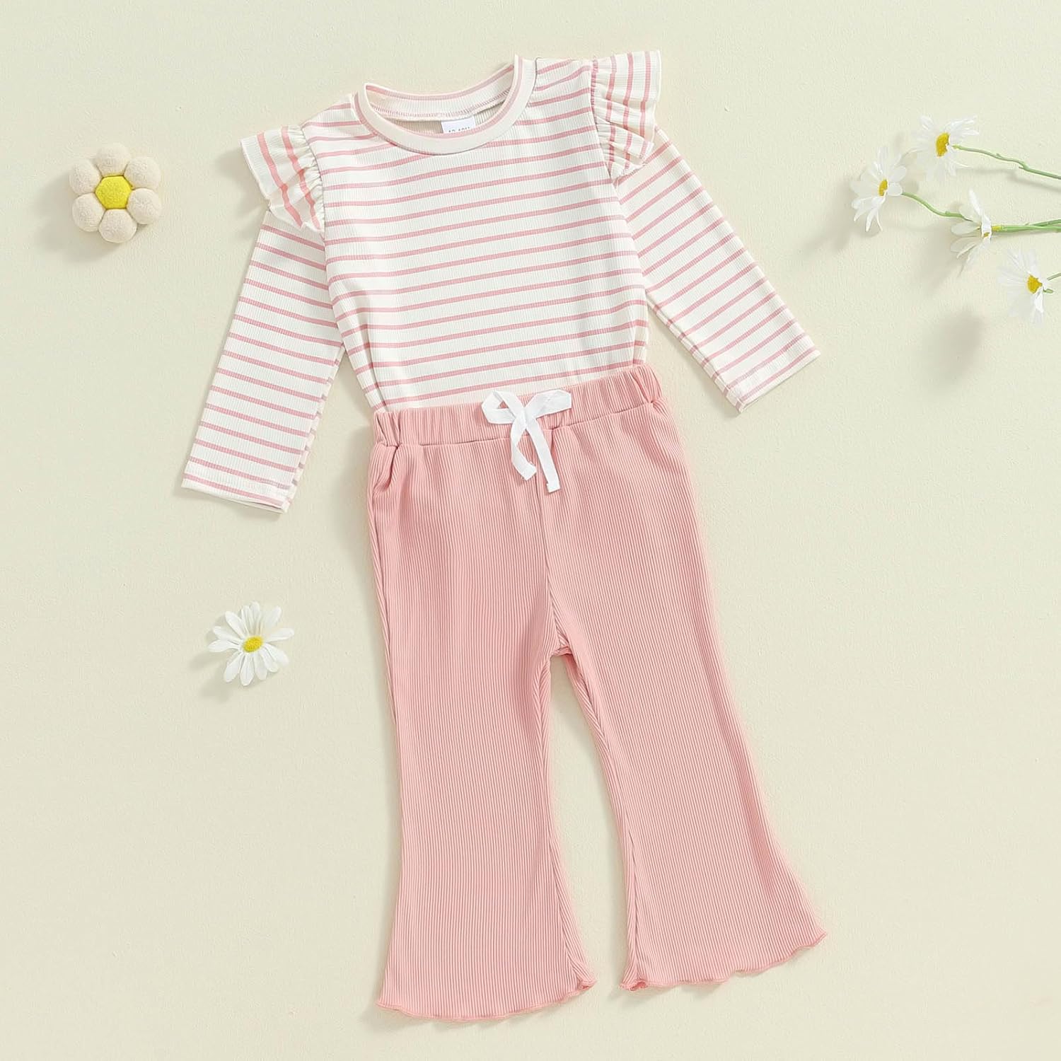 FOCUSNORM Toddler Baby Girl Outfits Ruffle Long Sleeve Striped Trim Tops + Flare Pants Set Toddler 2Pcs Fall Winter Clothes - Image 3