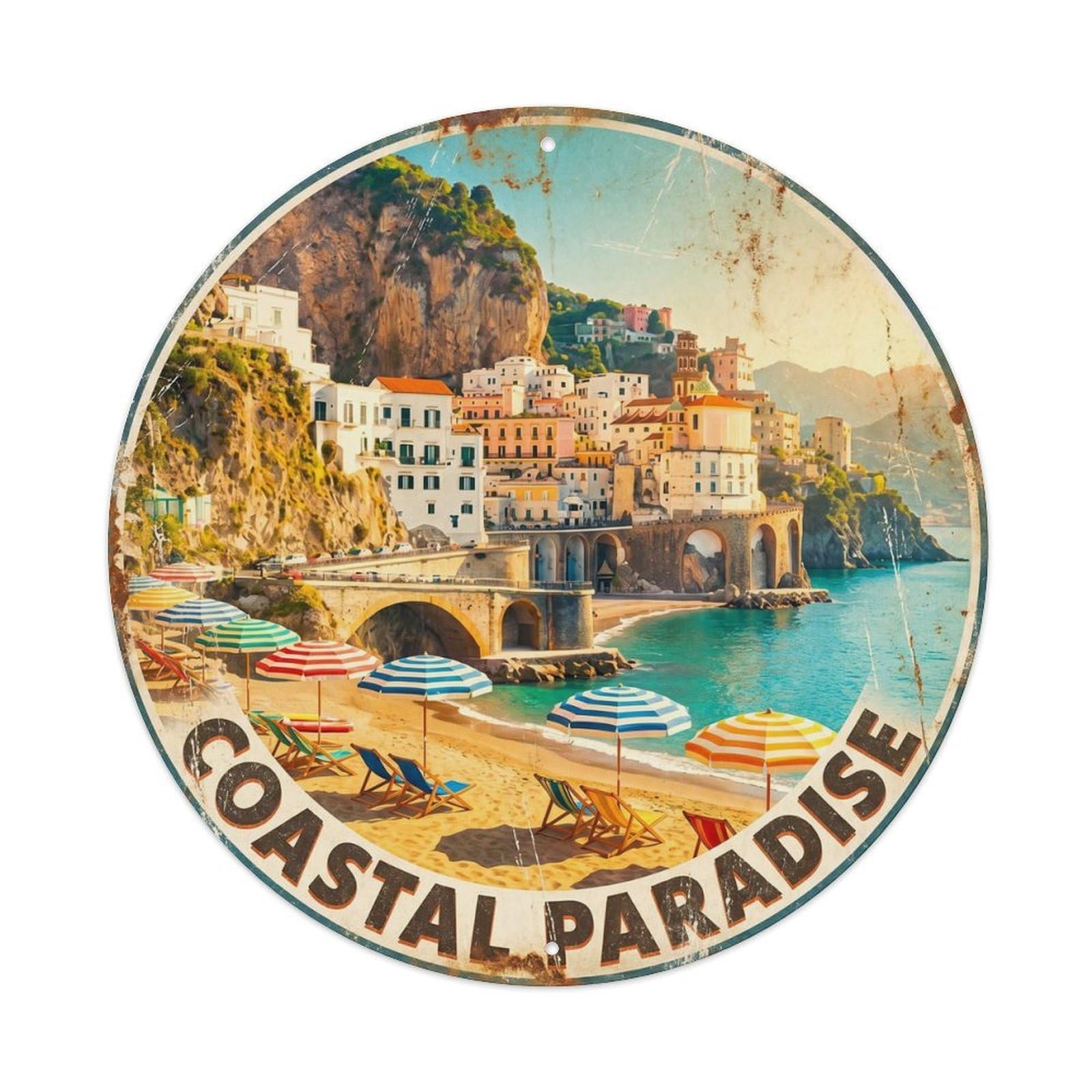 Paradise Coastal Beach Heritage Destination Scenic Landmark Metal Tin Sign Plaque Wall Decor for Cafe, Man Cave, Club Bar, Office, Home Garden Round Metal Poster 8x8Inch